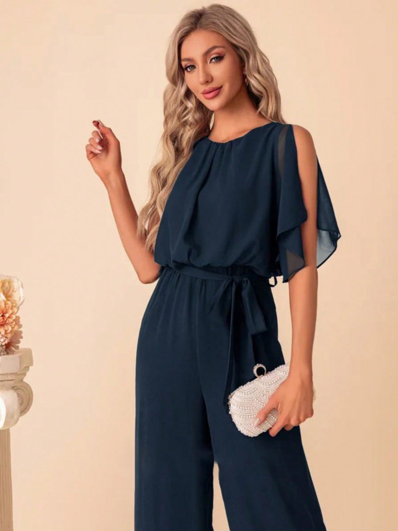 Scoop Short Sleeve Flutter Sleeve Chiffon Maxi Jumpsuits