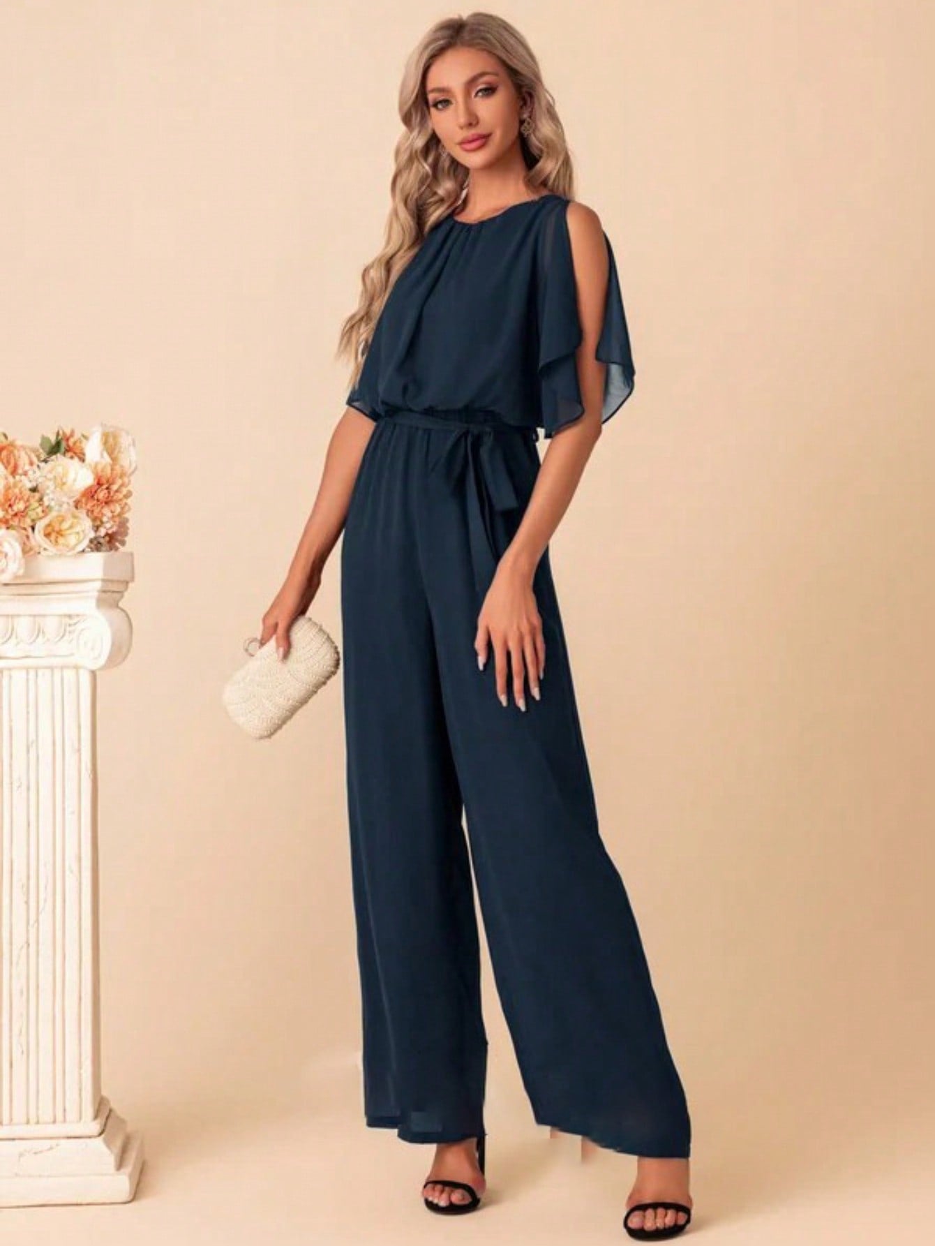 Scoop Short Sleeve Flutter Sleeve Chiffon Maxi Jumpsuits