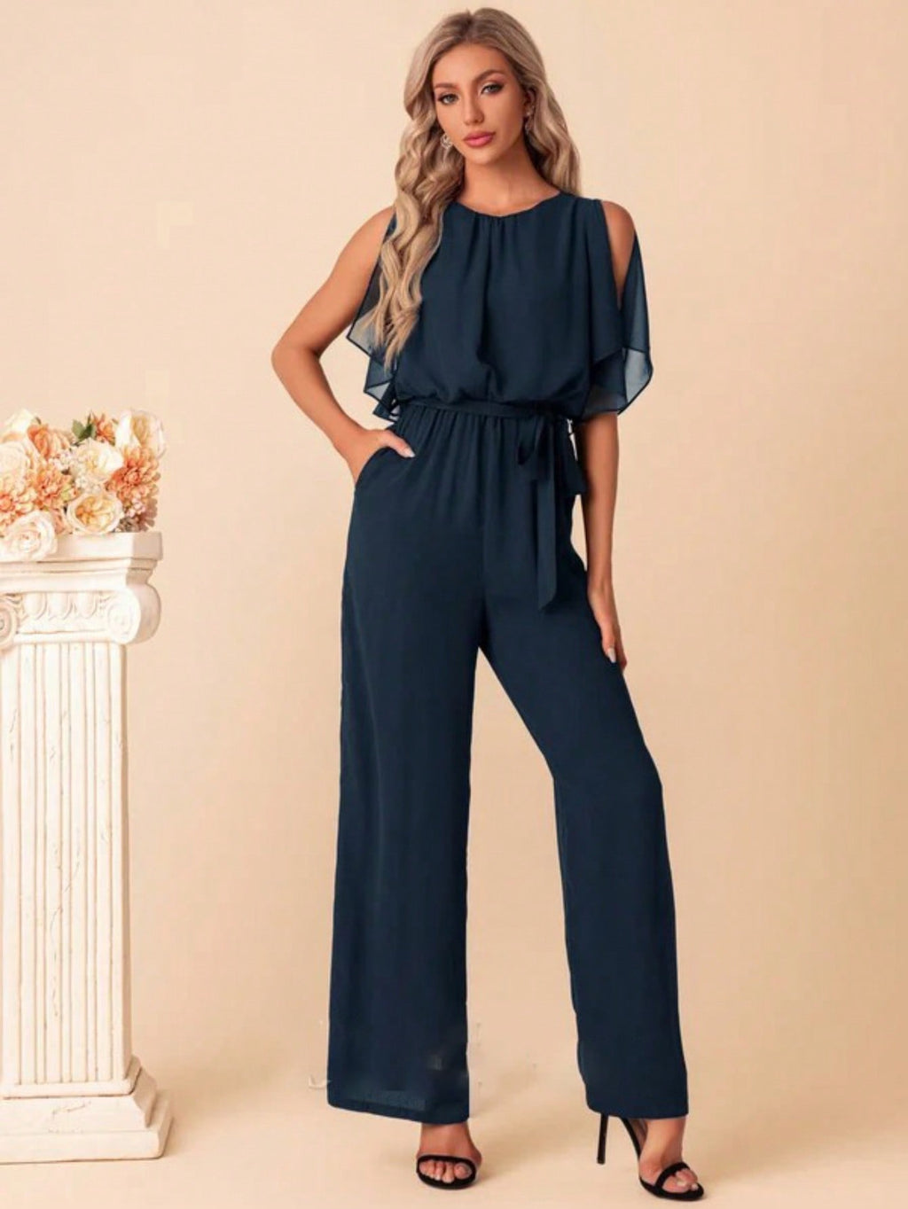 Scoop Short Sleeve Flutter Sleeve Chiffon Maxi Jumpsuits