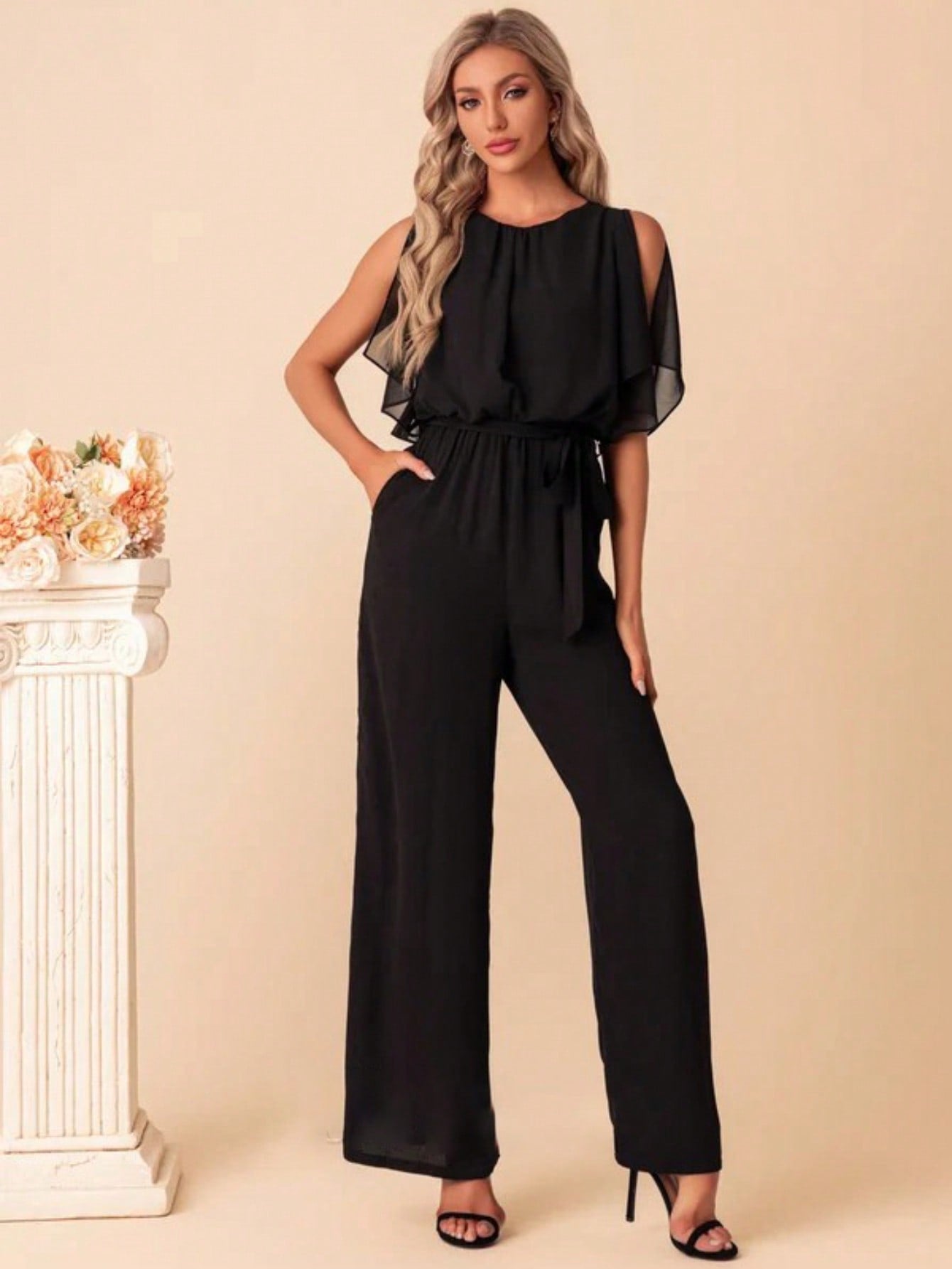 Scoop Short Sleeve Flutter Sleeve Chiffon Maxi Jumpsuits