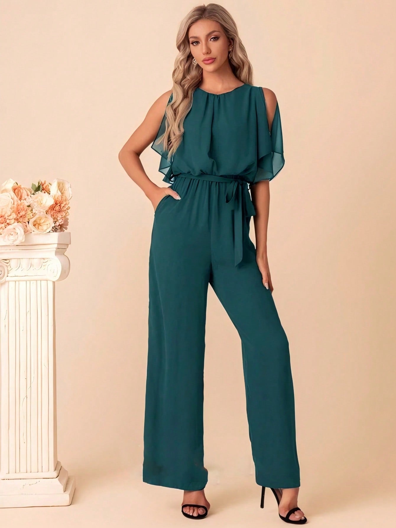 Scoop Short Sleeve Flutter Sleeve Chiffon Maxi Jumpsuits