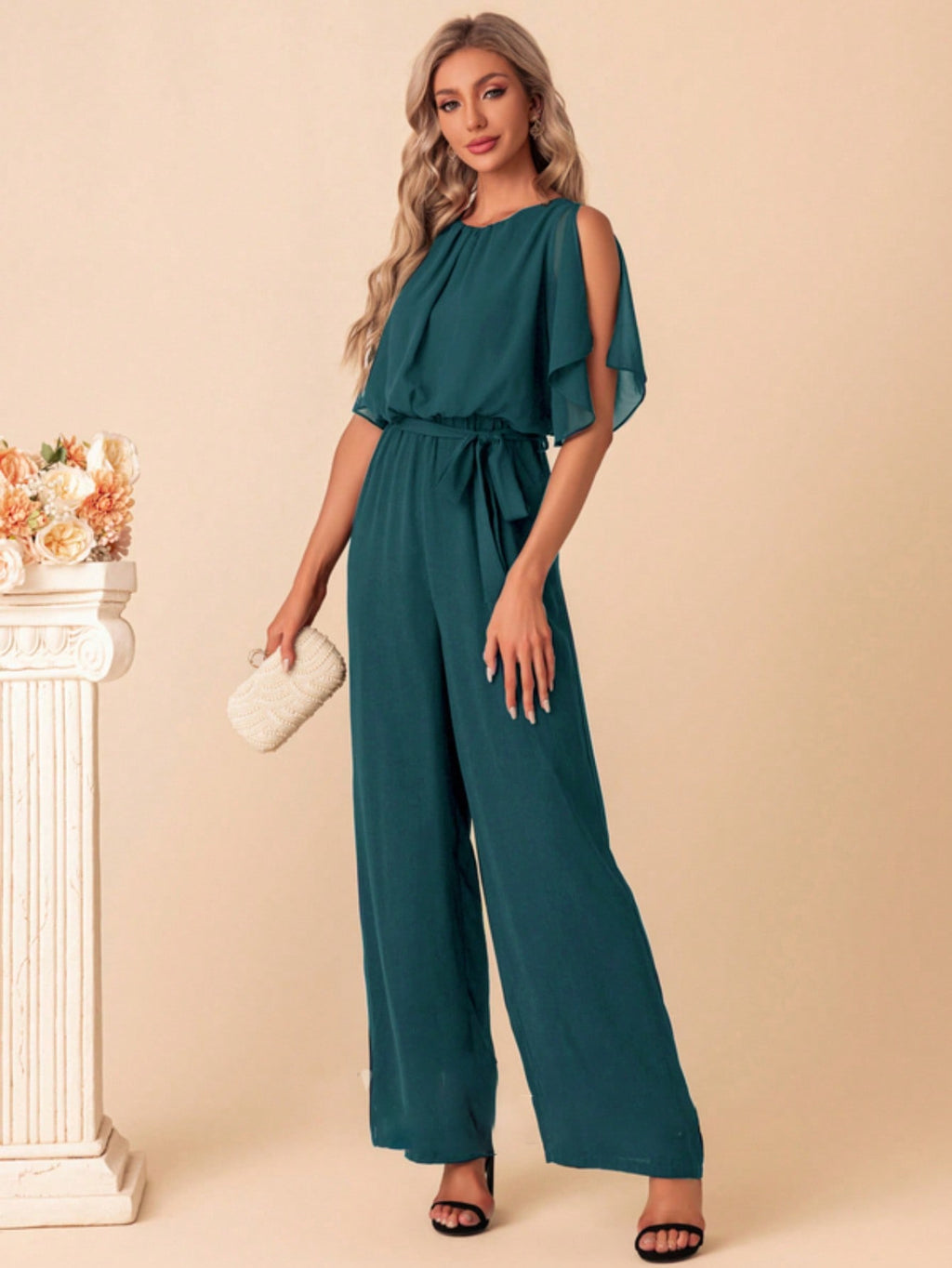 Scoop Short Sleeve Flutter Sleeve Chiffon Maxi Jumpsuits