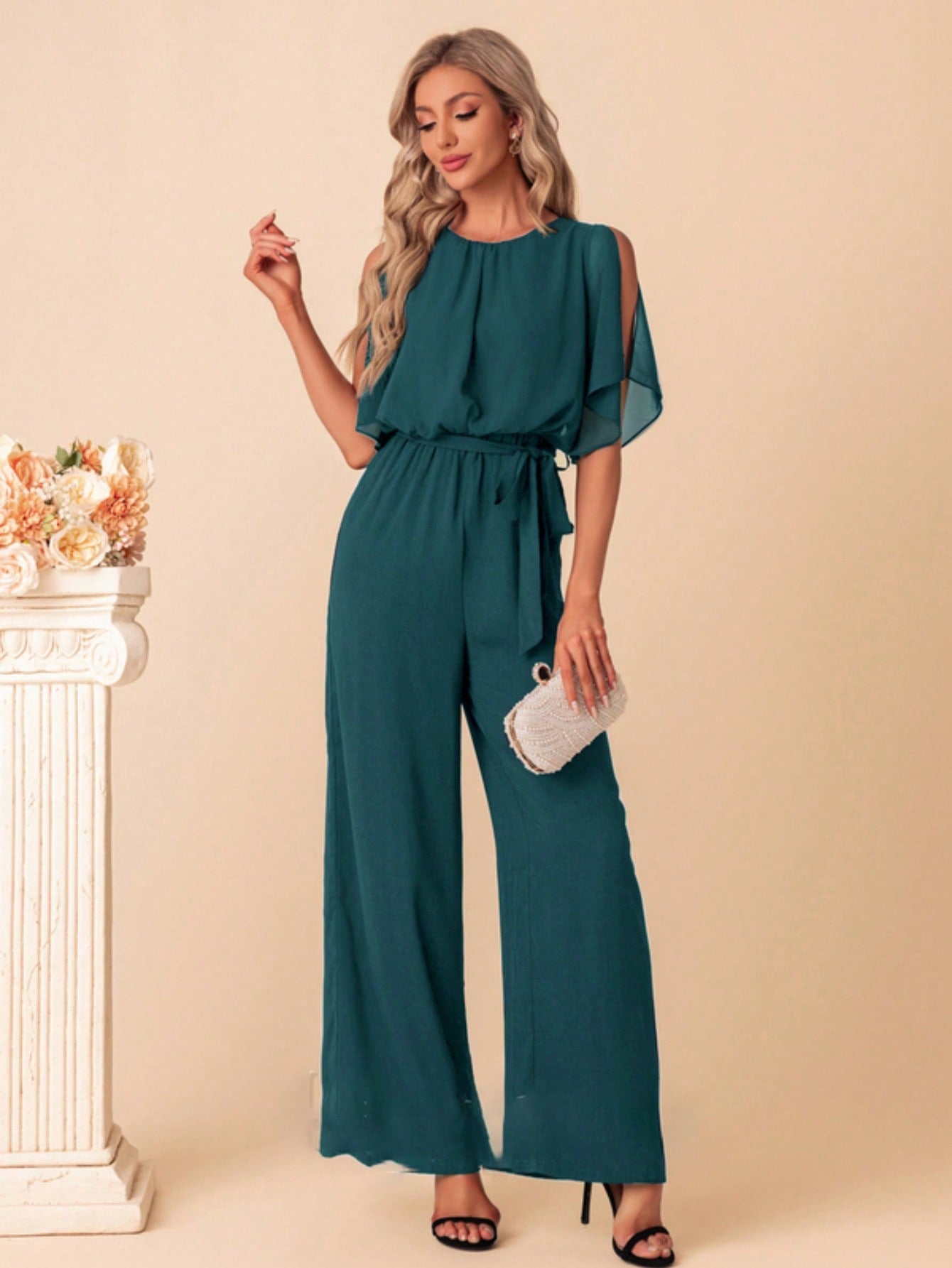 Scoop Short Sleeve Flutter Sleeve Chiffon Maxi Jumpsuits