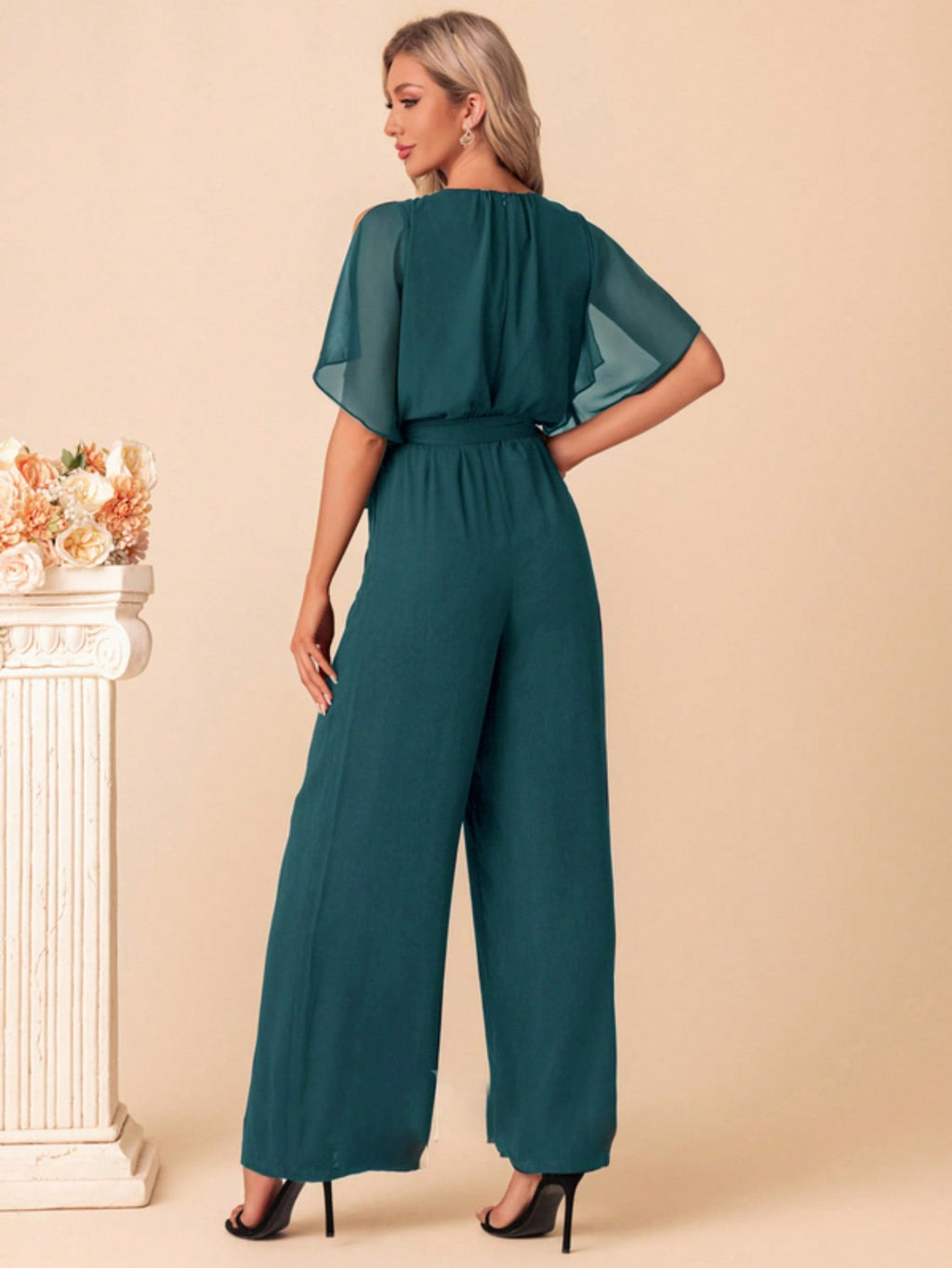 Scoop Short Sleeve Flutter Sleeve Chiffon Maxi Jumpsuits