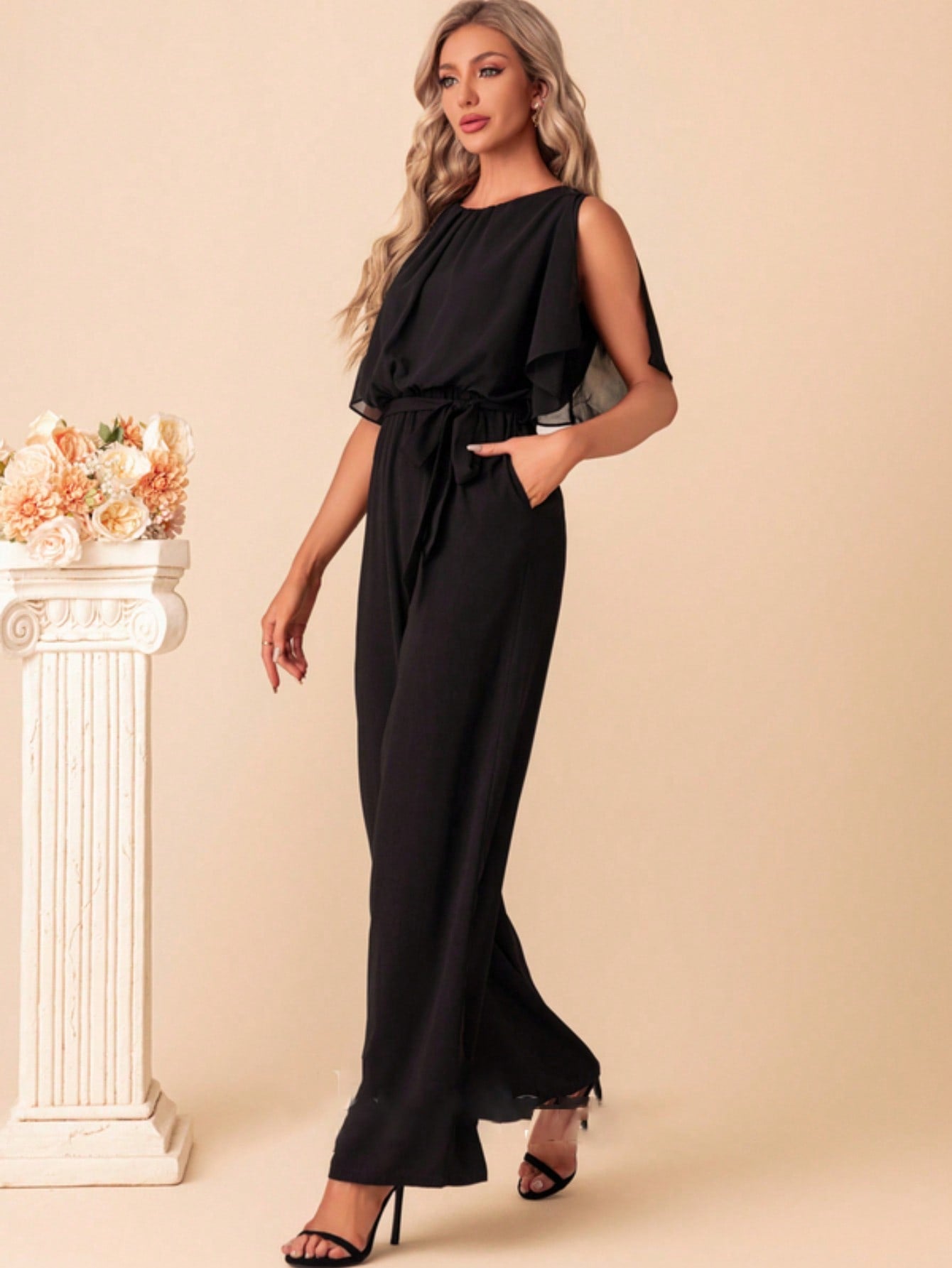 Scoop Short Sleeve Flutter Sleeve Chiffon Maxi Jumpsuits