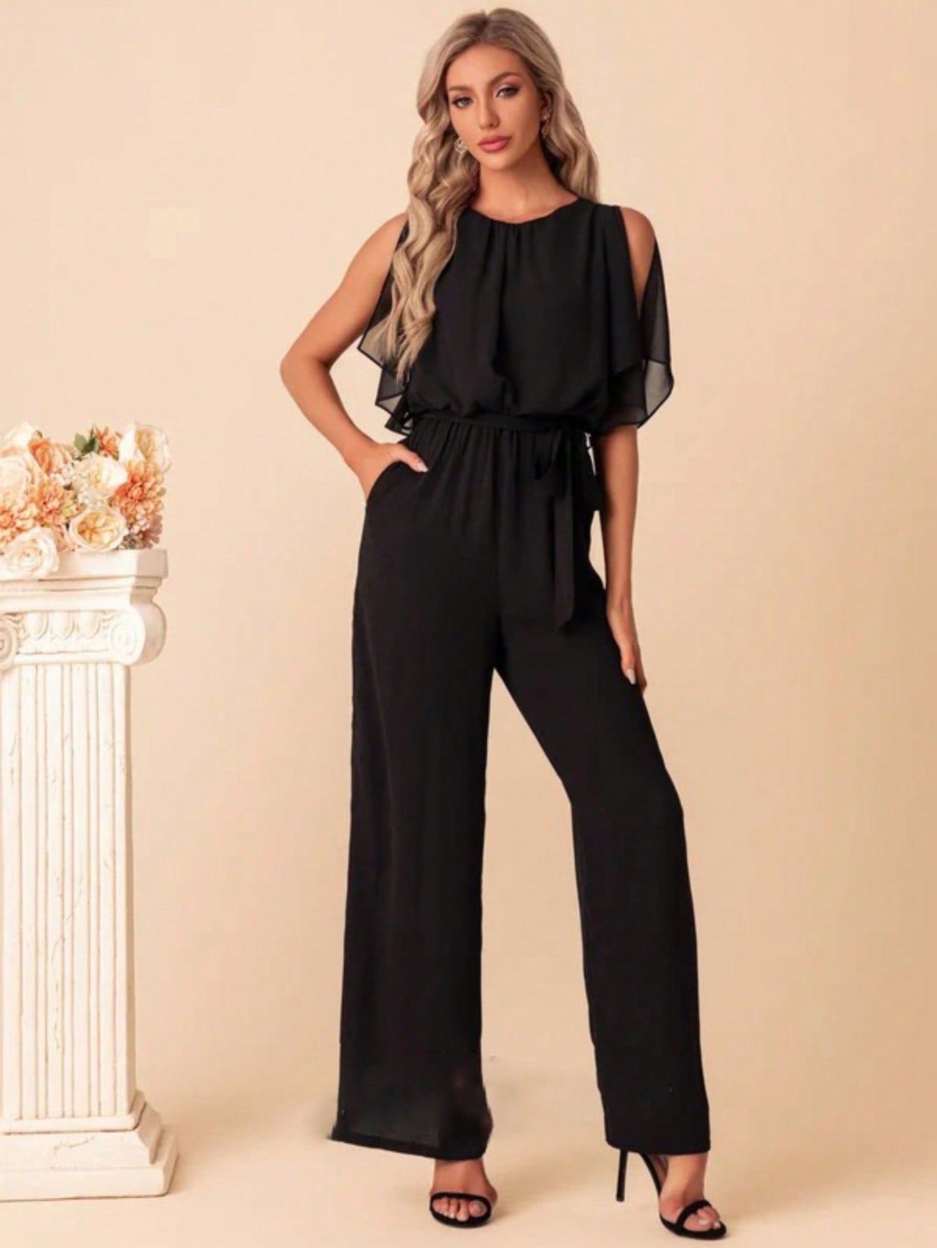 Scoop Short Sleeve Flutter Sleeve Chiffon Maxi Jumpsuits