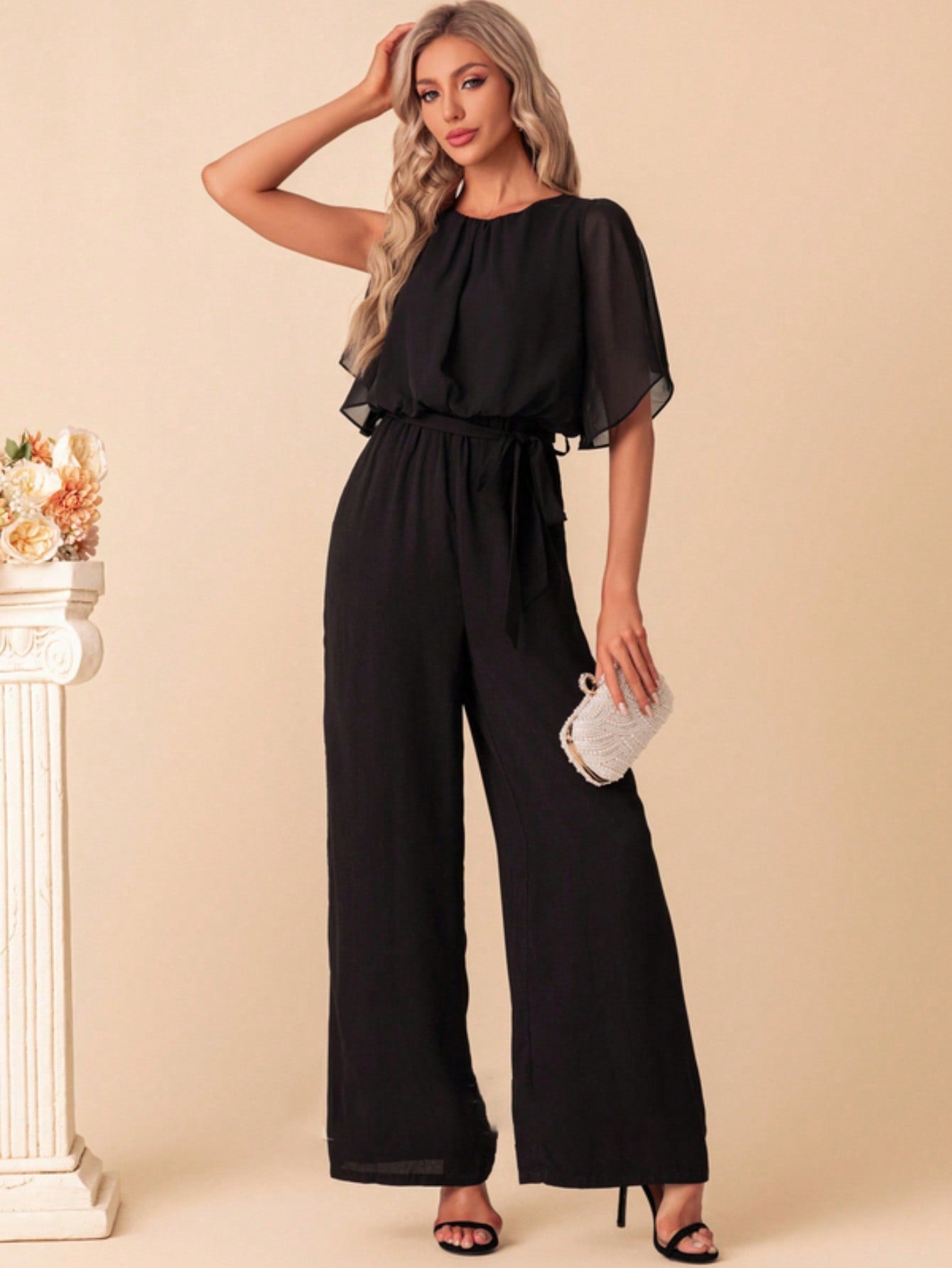 Scoop Short Sleeve Flutter Sleeve Chiffon Maxi Jumpsuits