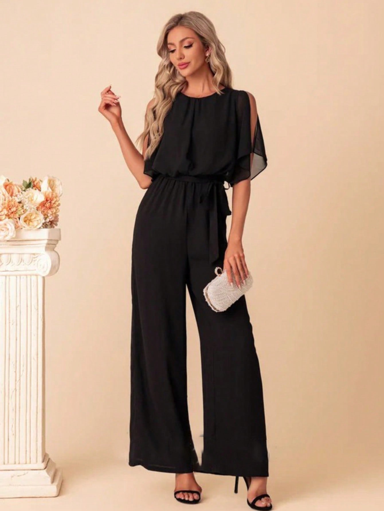 Scoop Short Sleeve Flutter Sleeve Chiffon Maxi Jumpsuits