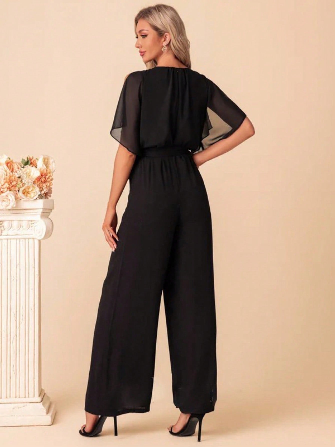 Scoop Short Sleeve Flutter Sleeve Chiffon Maxi Jumpsuits