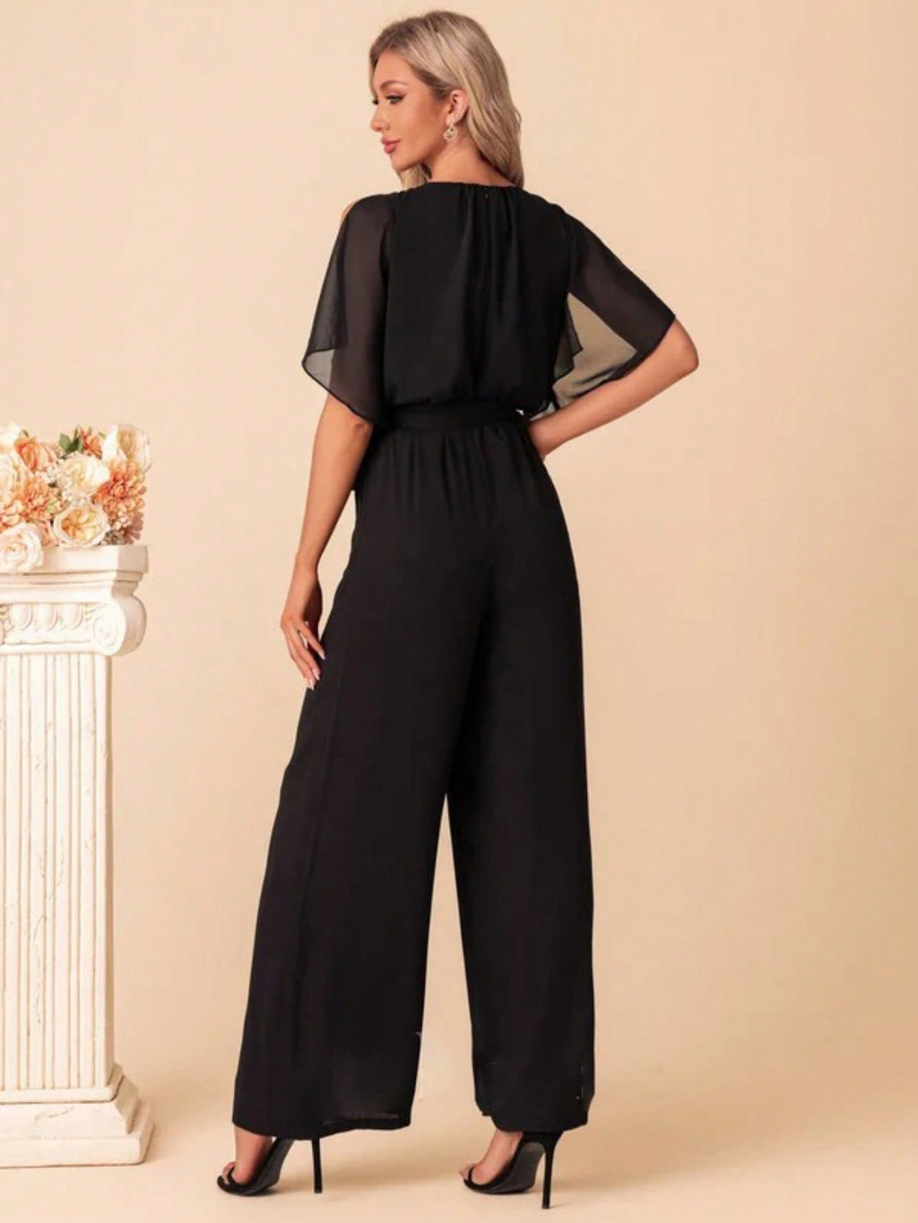 Scoop Short Sleeve Flutter Sleeve Chiffon Maxi Jumpsuits
