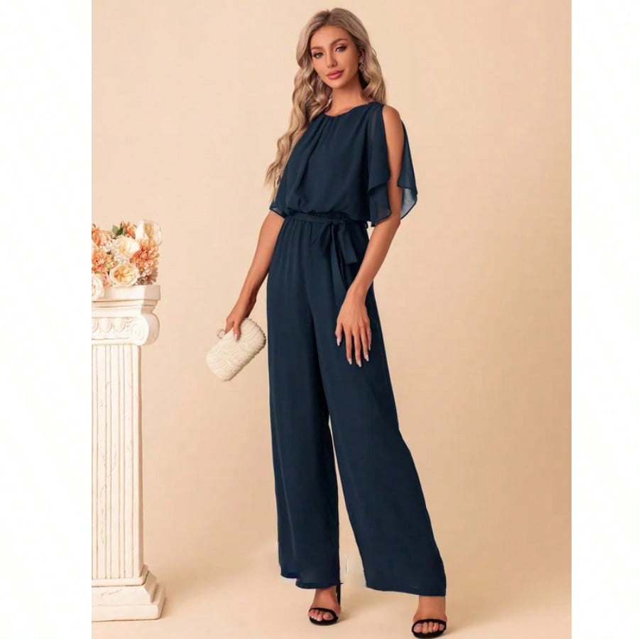 Scoop Short Sleeve Flutter Sleeve Chiffon Maxi Jumpsuits