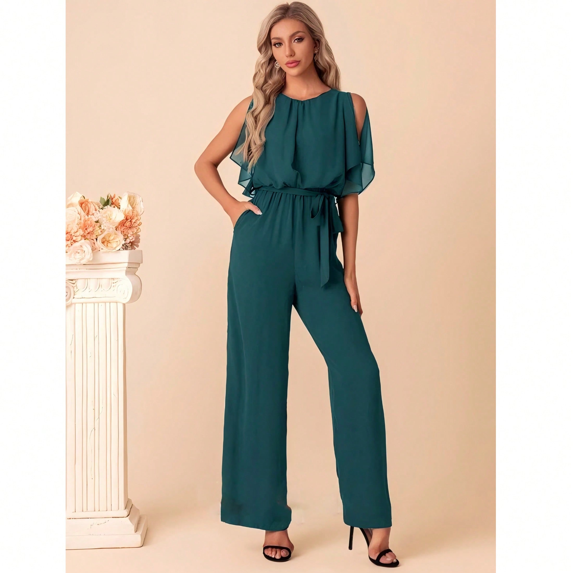 Scoop Short Sleeve Flutter Sleeve Chiffon Maxi Jumpsuits
