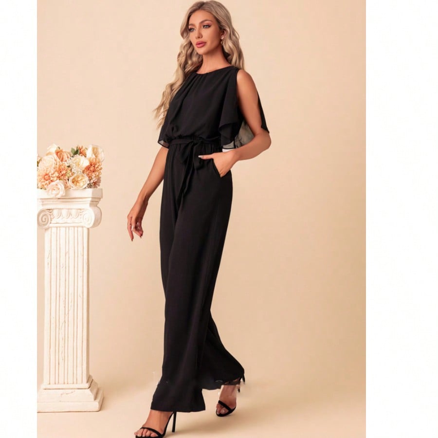 Scoop Short Sleeve Flutter Sleeve Chiffon Maxi Jumpsuits