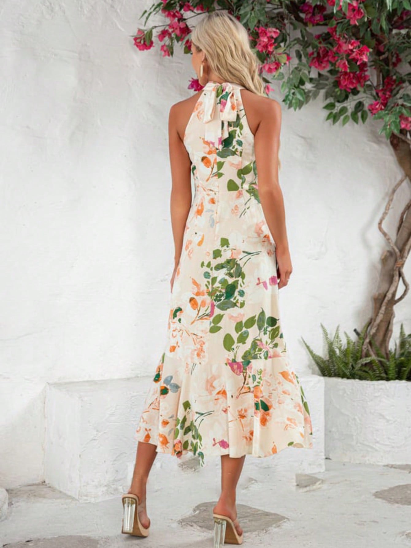A-Line High Neck Halter Tea-Length Satin Chiffon Cocktail Dress With Ruffle