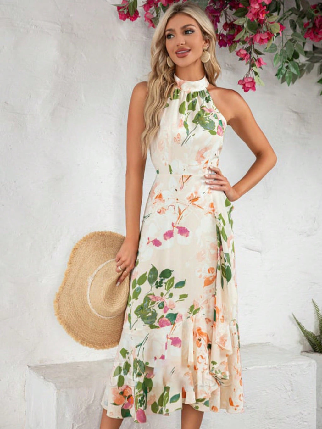 A-Line High Neck Halter Tea-Length Satin Chiffon Cocktail Dress With Ruffle