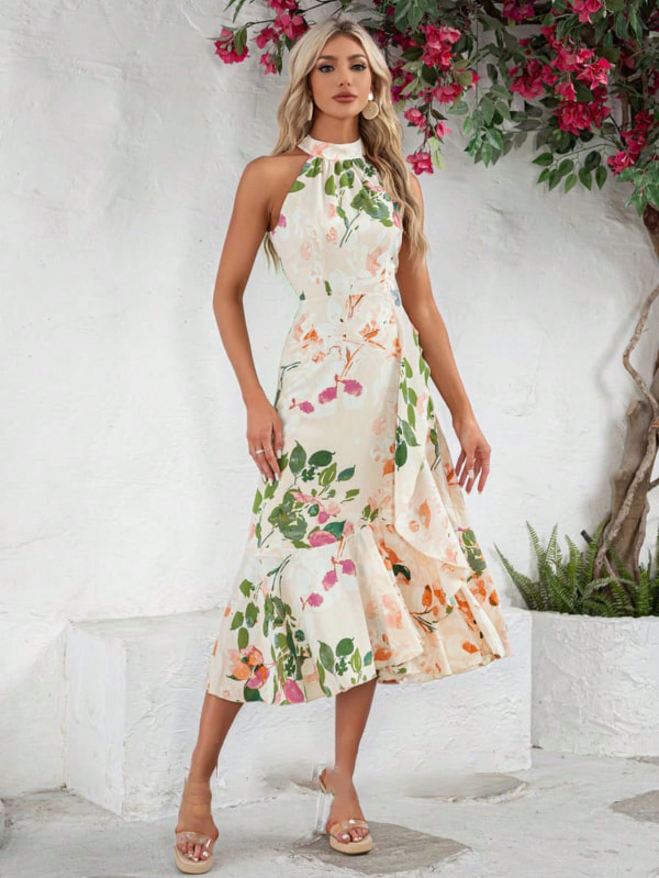 A-Line High Neck Halter Tea-Length Satin Chiffon Cocktail Dress With Ruffle