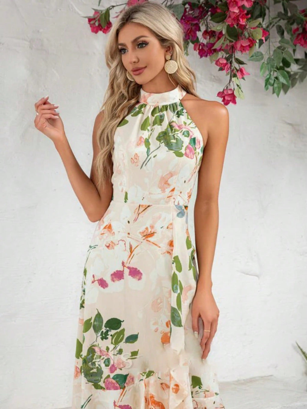 A-Line High Neck Halter Tea-Length Satin Chiffon Cocktail Dress With Ruffle
