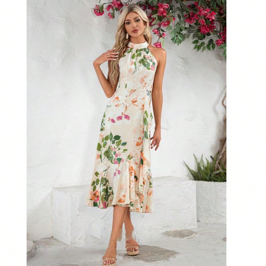 A-Line High Neck Halter Tea-Length Satin Chiffon Cocktail Dress With Ruffle