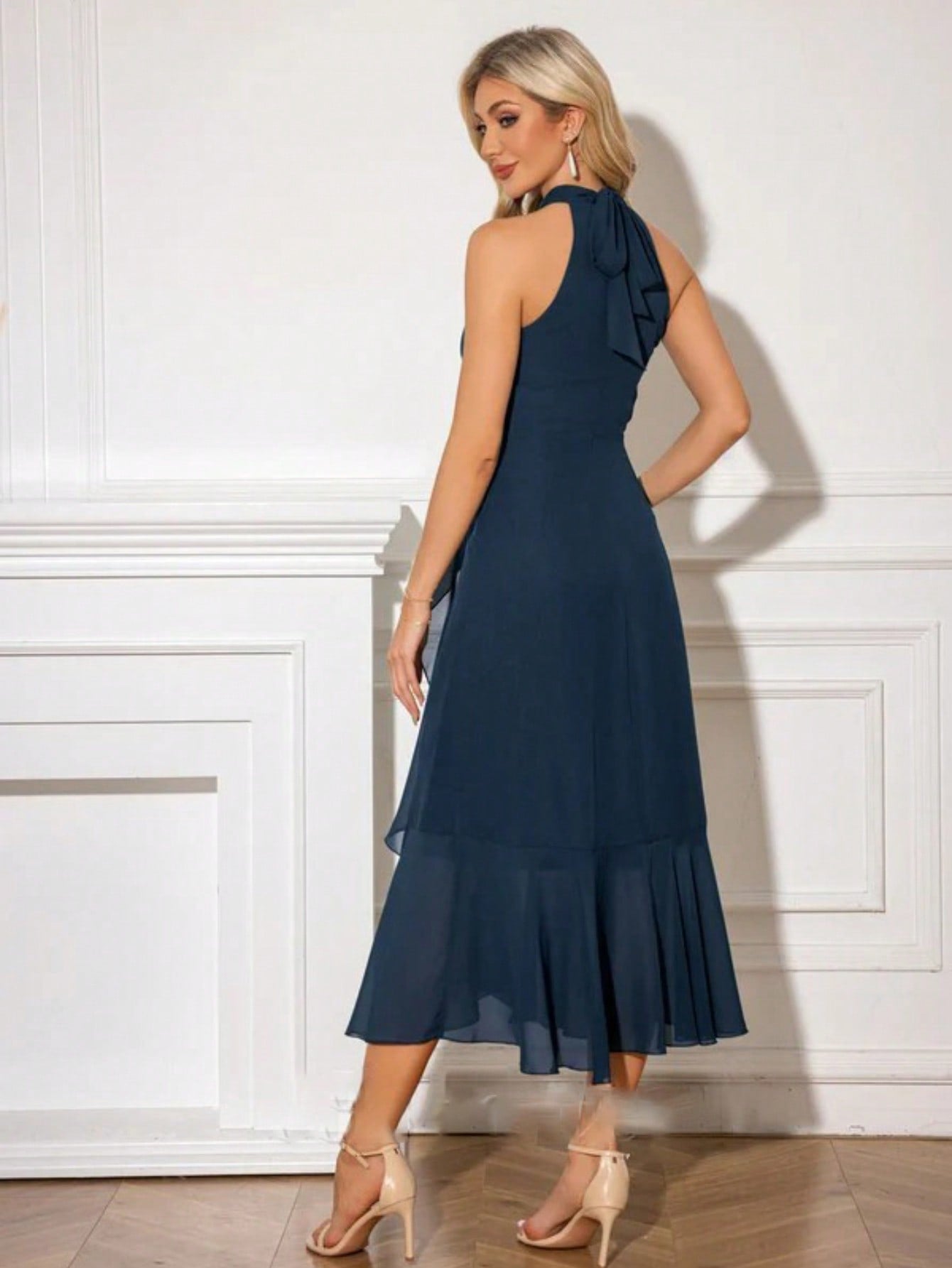A-Line High Neck Halter Tea-Length Satin Chiffon Cocktail Dress With Ruffle