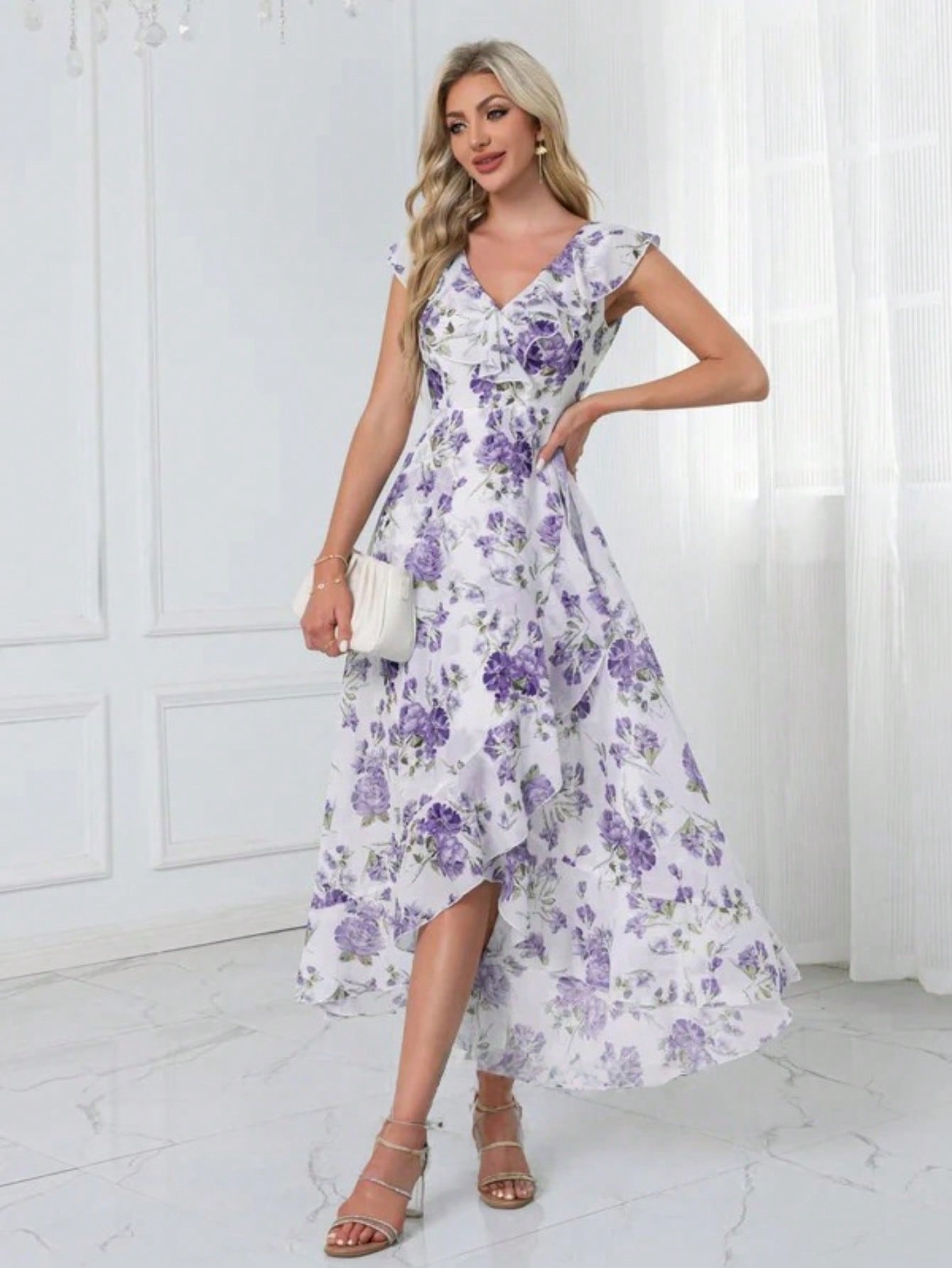 Ruffle Floral Print V-Neck A-Line Chiffon Asymmetrical Midi Dress