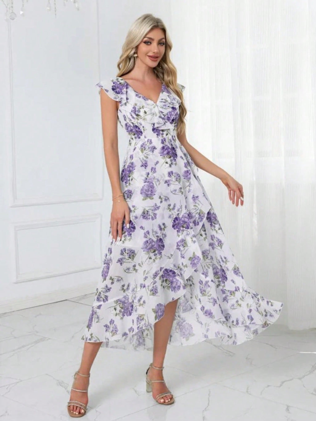 Ruffle Floral Print V-Neck A-Line Chiffon Asymmetrical Midi Dress