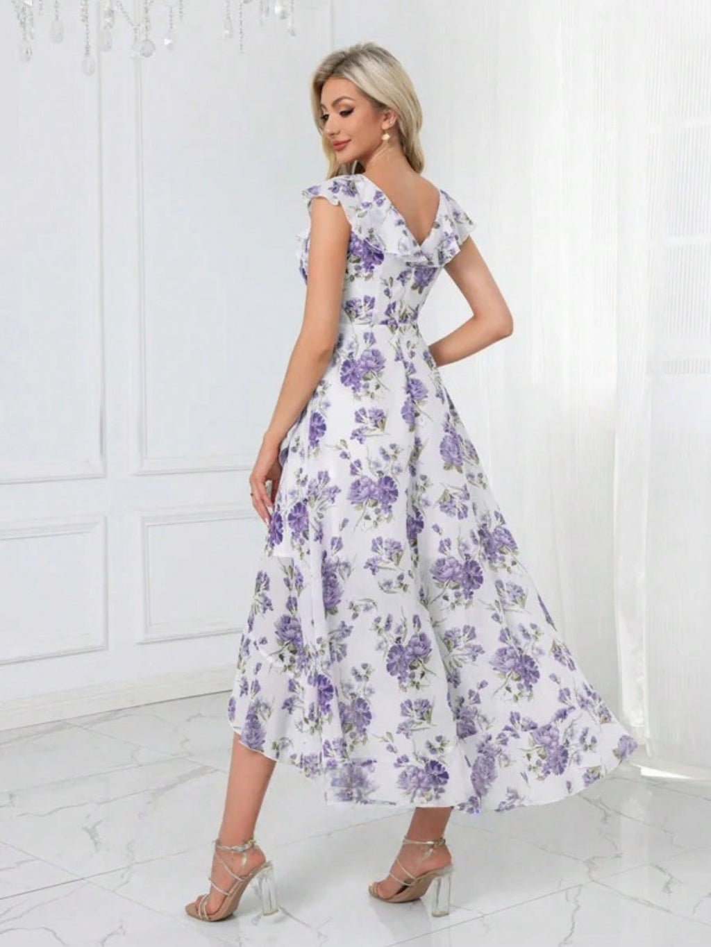 Ruffle Floral Print V-Neck A-Line Chiffon Asymmetrical Midi Dress