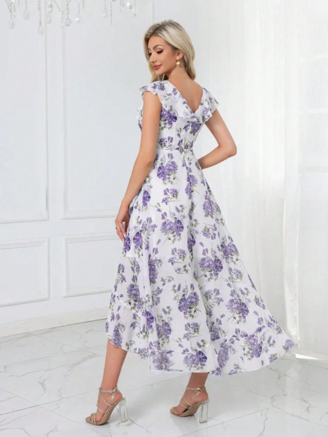 Ruffle Floral Print V-Neck A-Line Chiffon Asymmetrical Midi Dress
