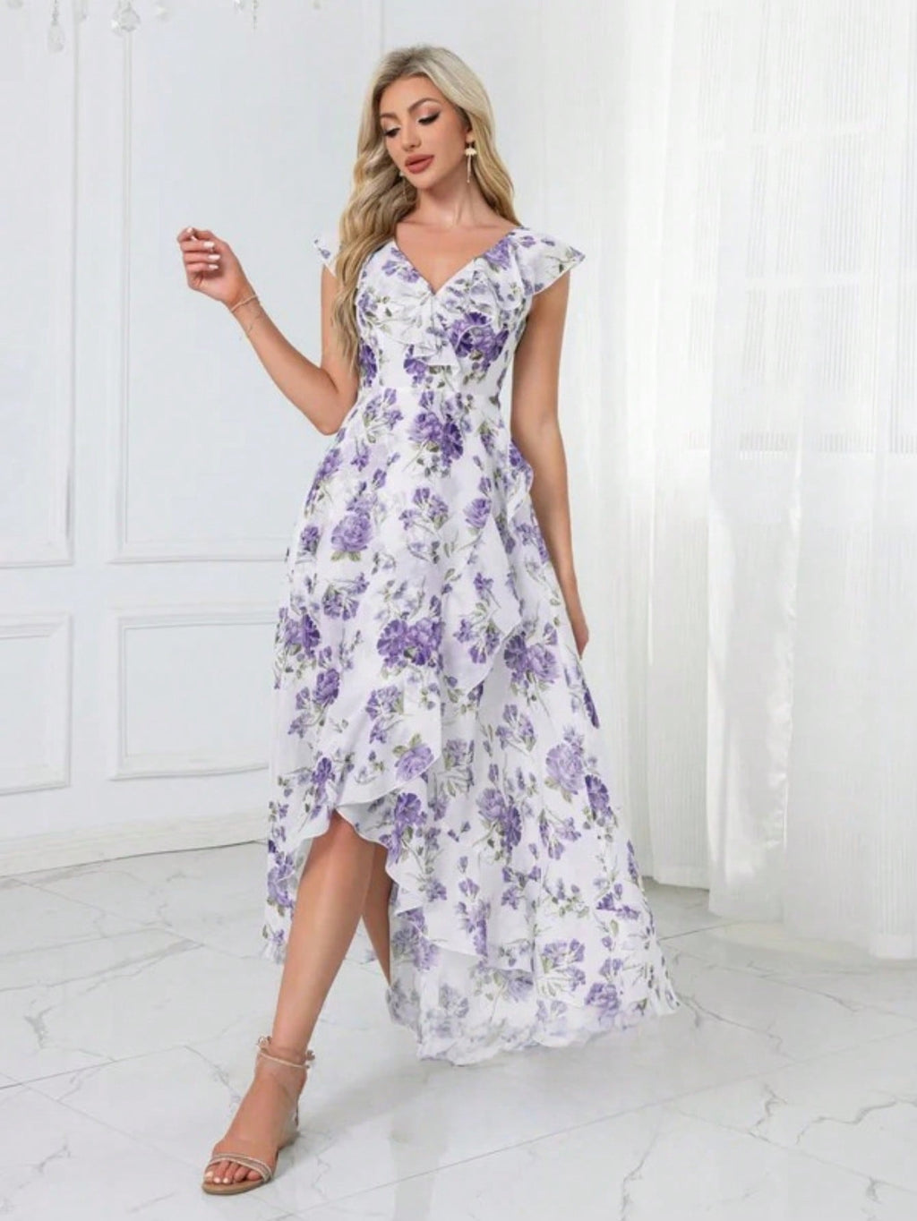 Ruffle Floral Print V-Neck A-Line Chiffon Asymmetrical Midi Dress