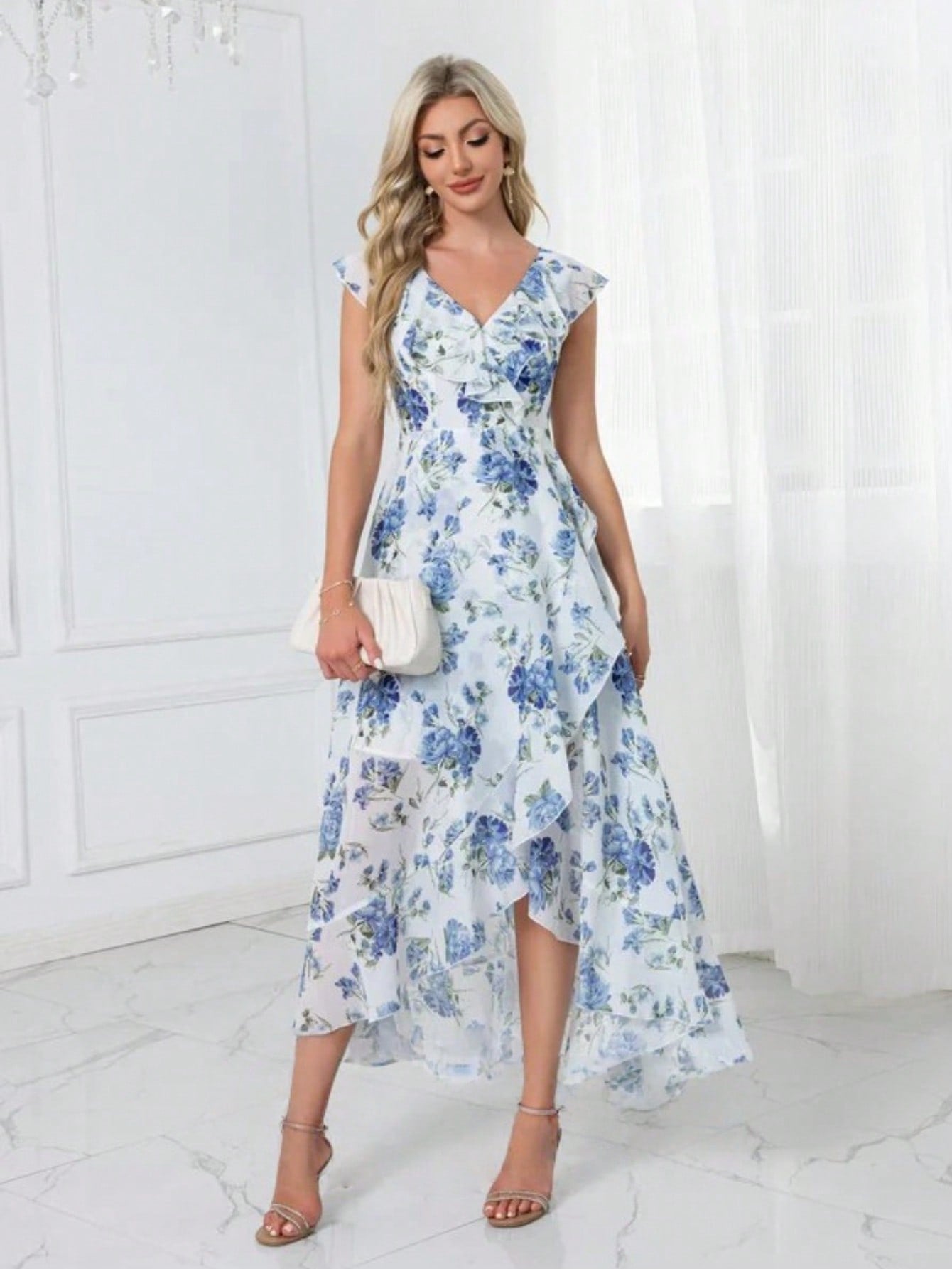 Ruffle Floral Print V-Neck A-Line Chiffon Asymmetrical Midi Dress