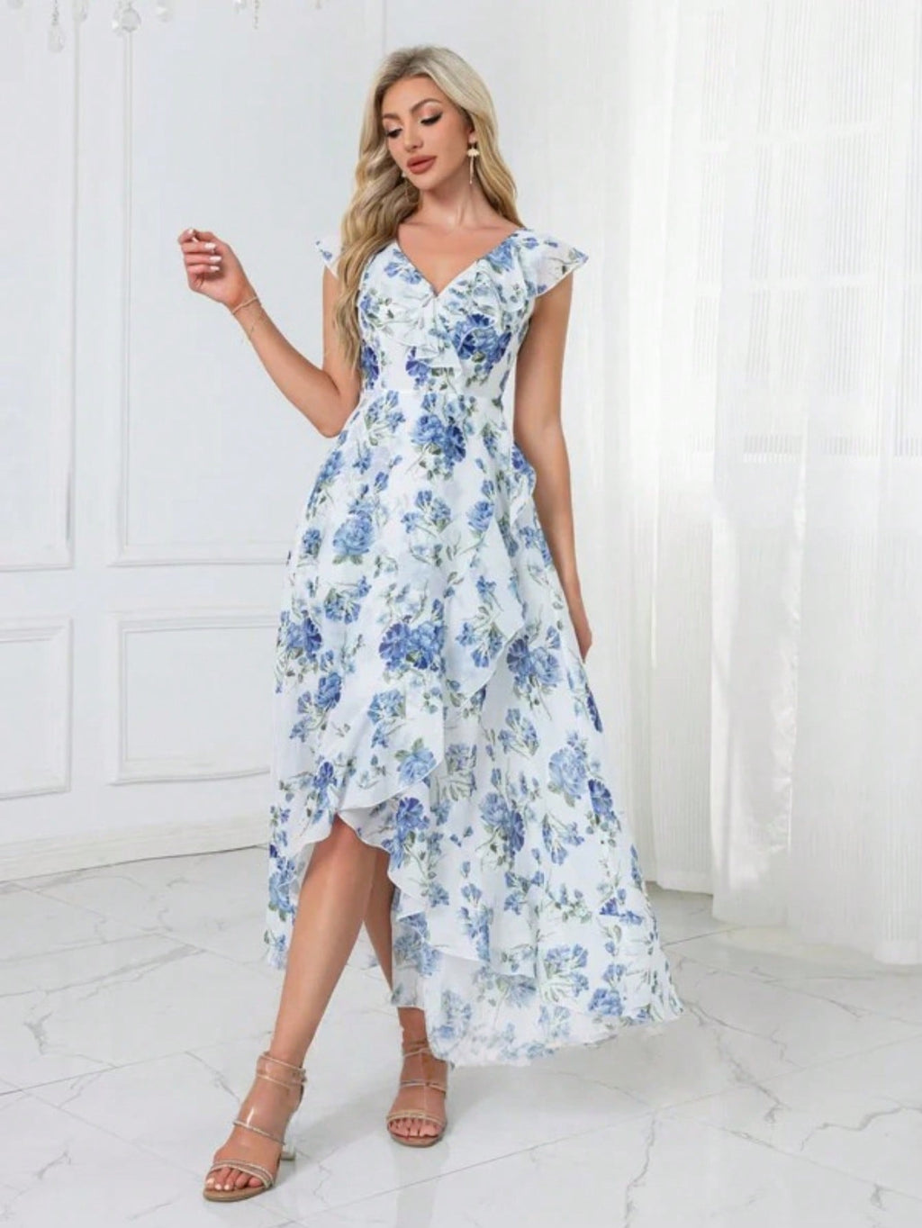 Ruffle Floral Print V-Neck A-Line Chiffon Asymmetrical Midi Dress