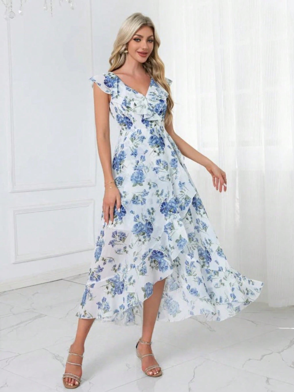 Ruffle Floral Print V-Neck A-Line Chiffon Asymmetrical Midi Dress