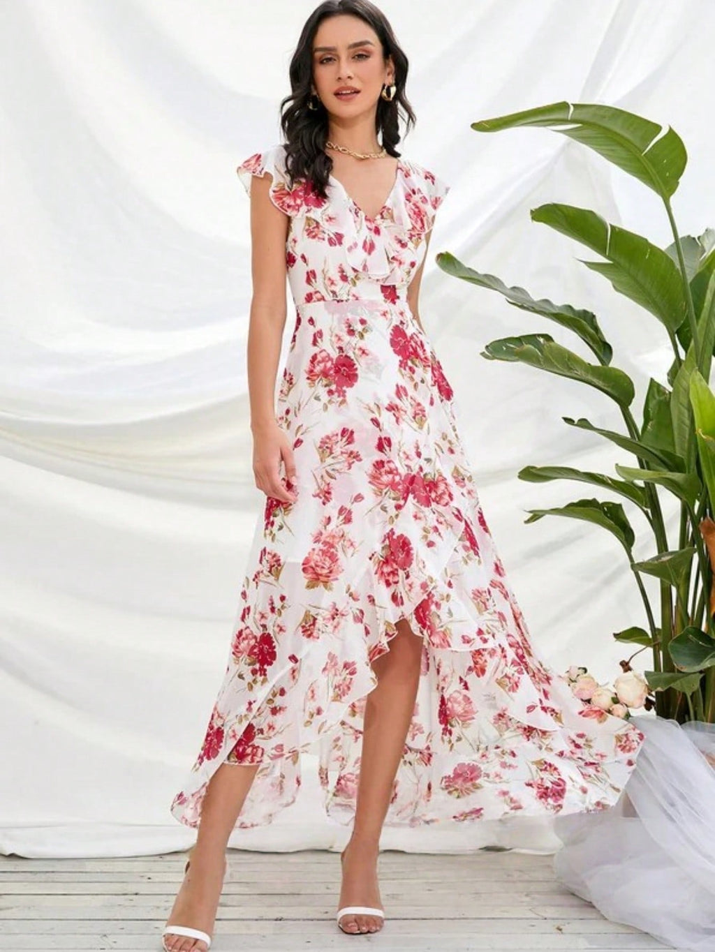Ruffle Floral Print V-Neck A-Line Chiffon Asymmetrical Midi Dress
