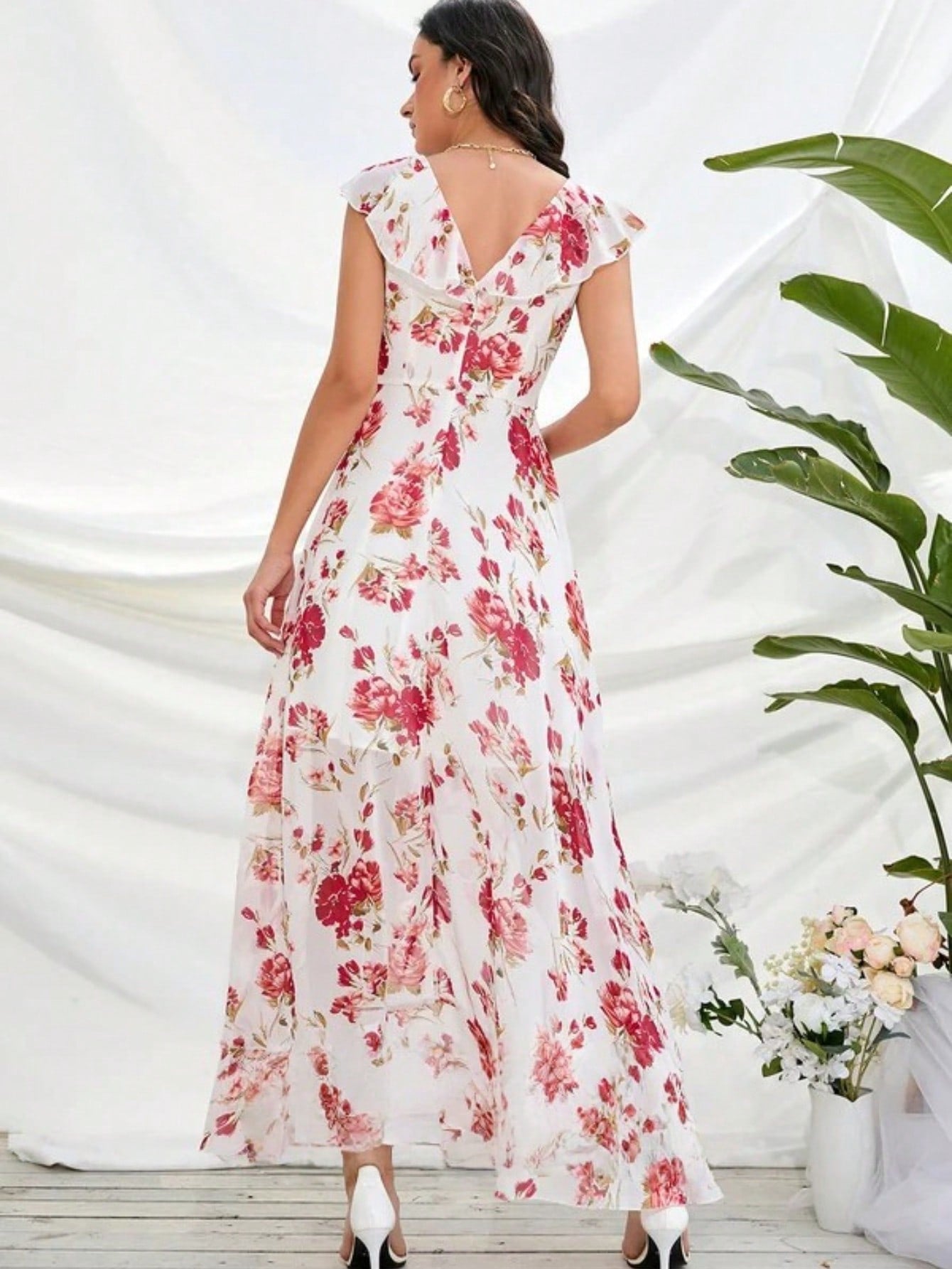 Ruffle Floral Print V-Neck A-Line Chiffon Asymmetrical Midi Dress