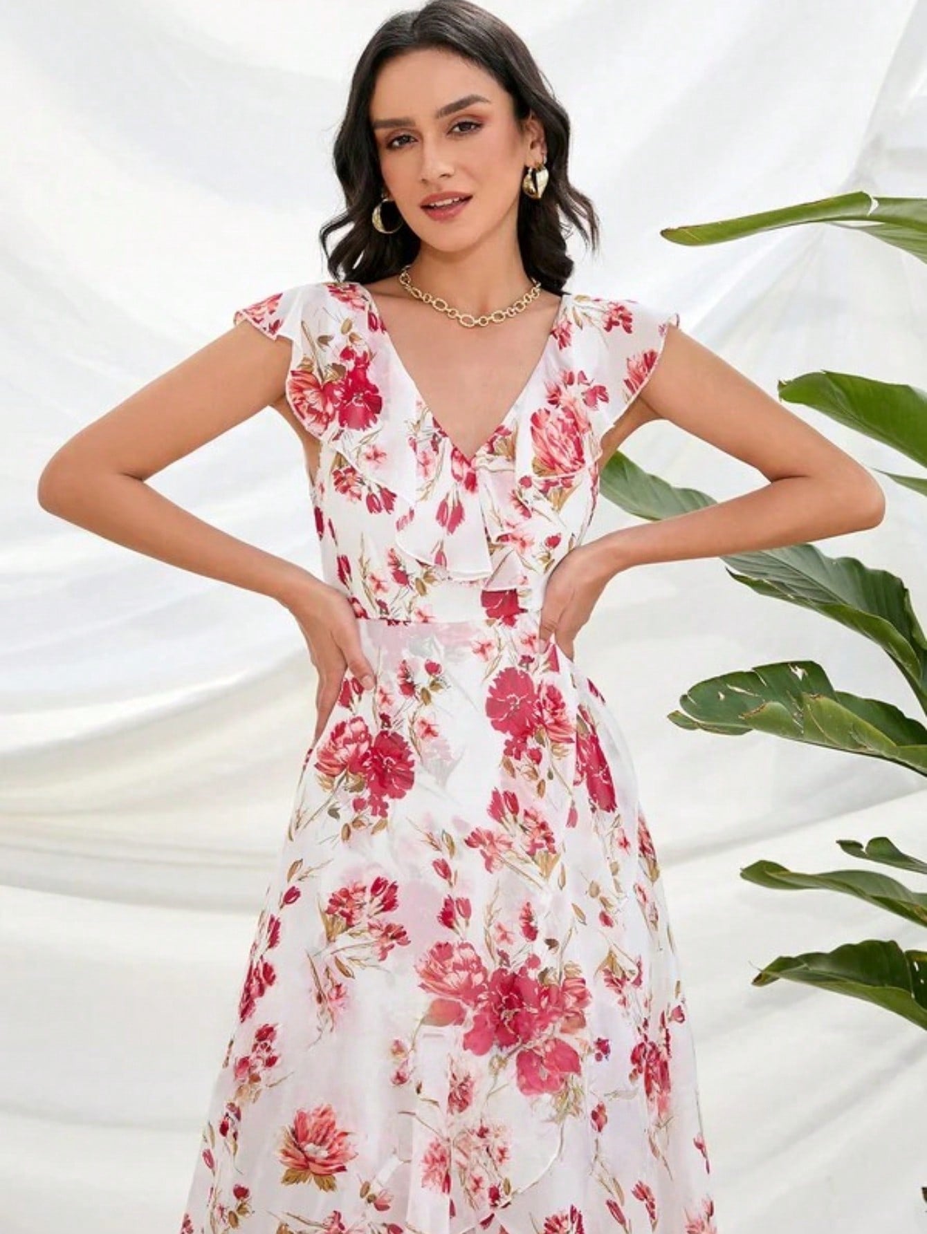Ruffle Floral Print V-Neck A-Line Chiffon Asymmetrical Midi Dress