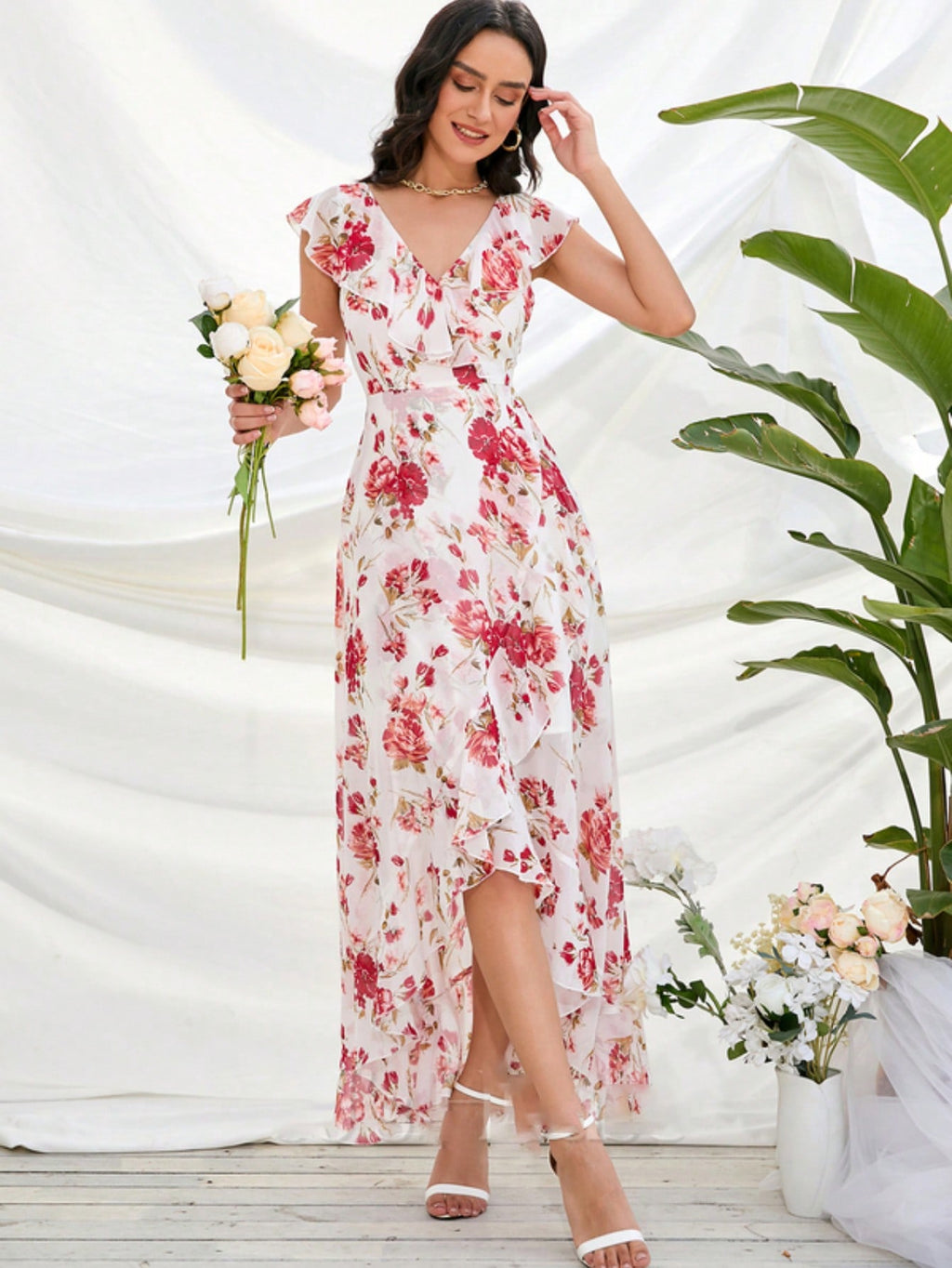 Ruffle Floral Print V-Neck A-Line Chiffon Asymmetrical Midi Dress