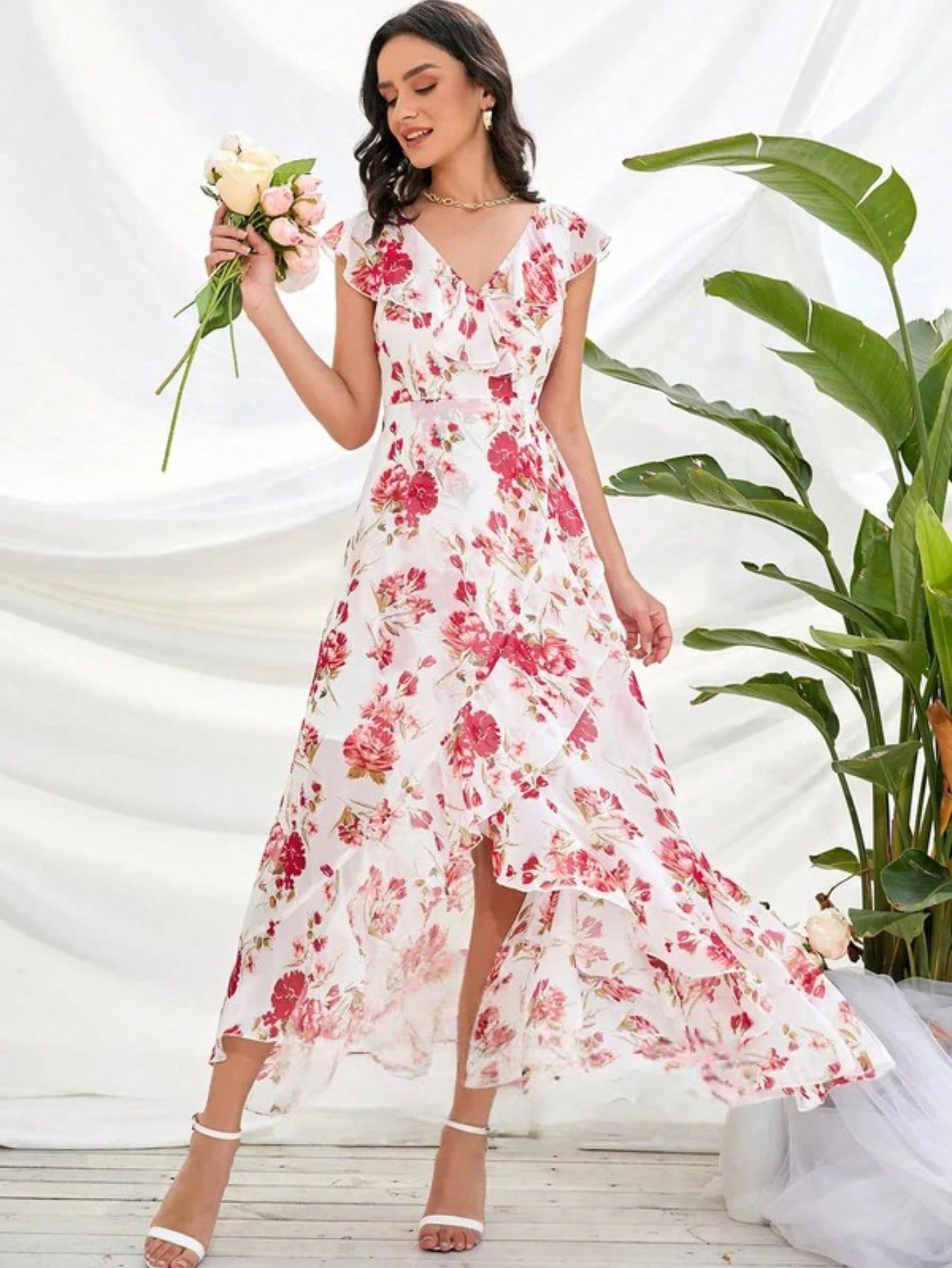 Ruffle Floral Print V-Neck A-Line Chiffon Asymmetrical Midi Dress