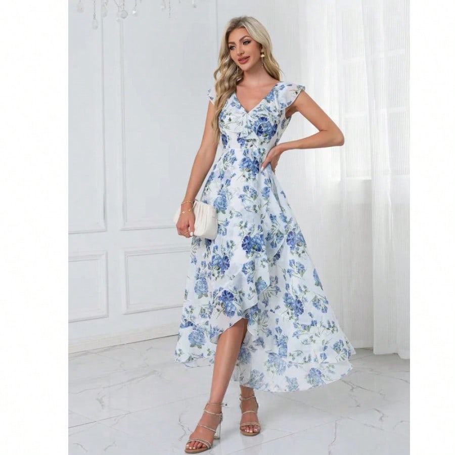 Ruffle Floral Print V-Neck A-Line Chiffon Asymmetrical Midi Dress