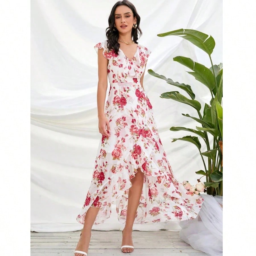 Ruffle Floral Print V-Neck A-Line Chiffon Asymmetrical Midi Dress