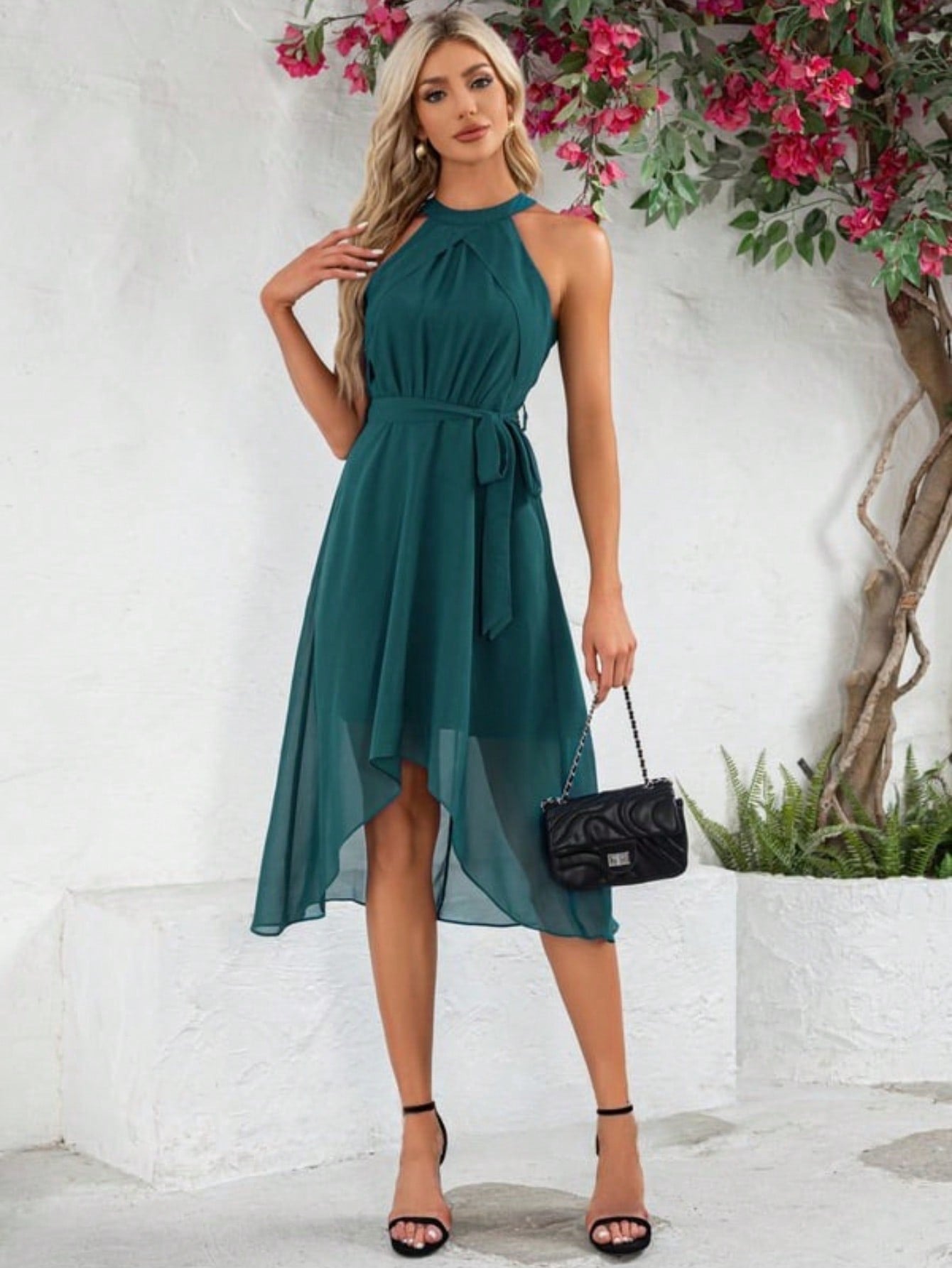 Halter Sleeveless A-Line Chiffon Asymmetrical Midi Dress