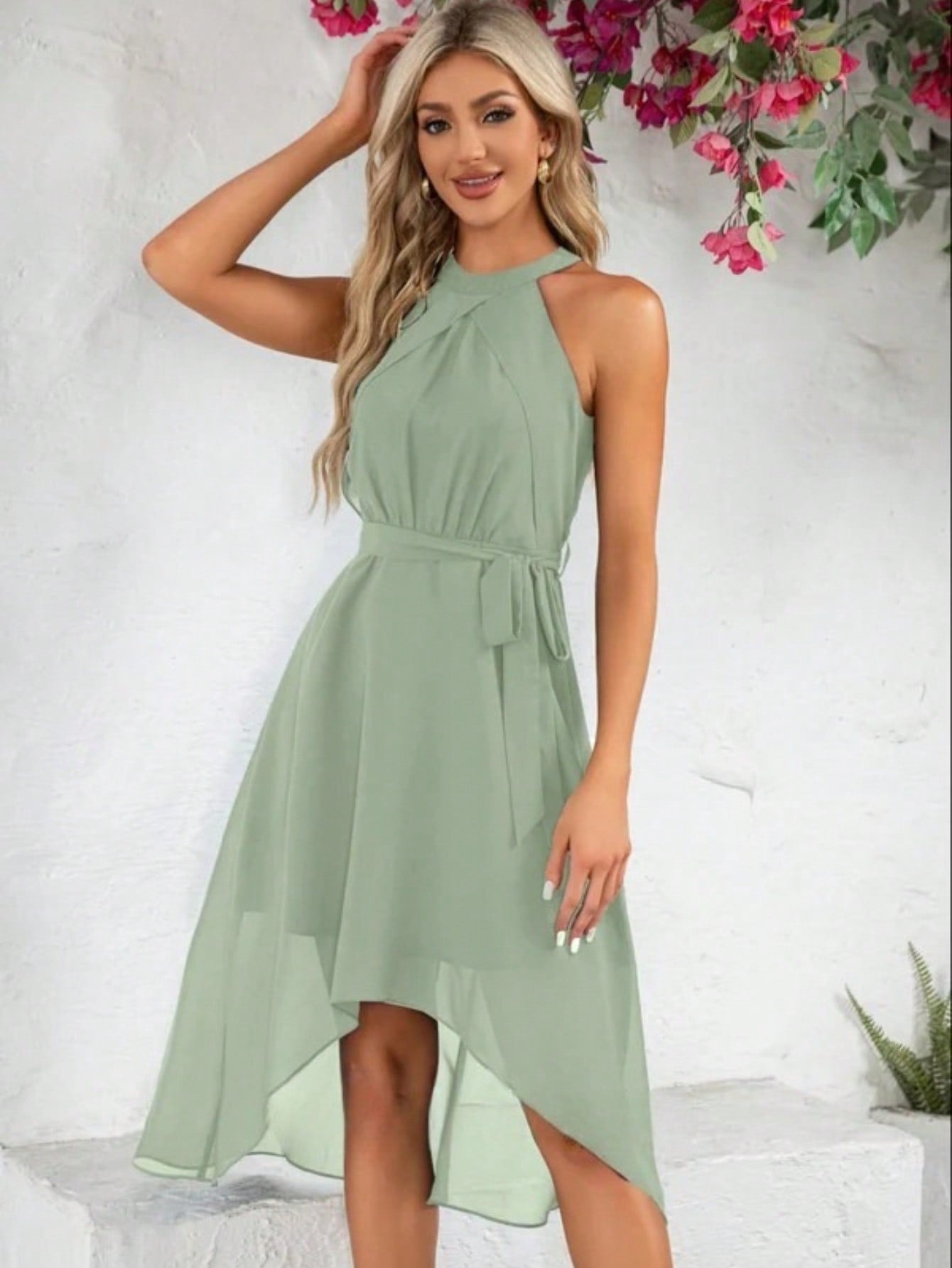 Halter Sleeveless A-Line Chiffon Asymmetrical Midi Dress