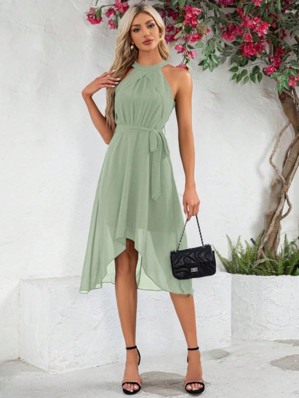 Halter Sleeveless A-Line Chiffon Asymmetrical Midi Dress