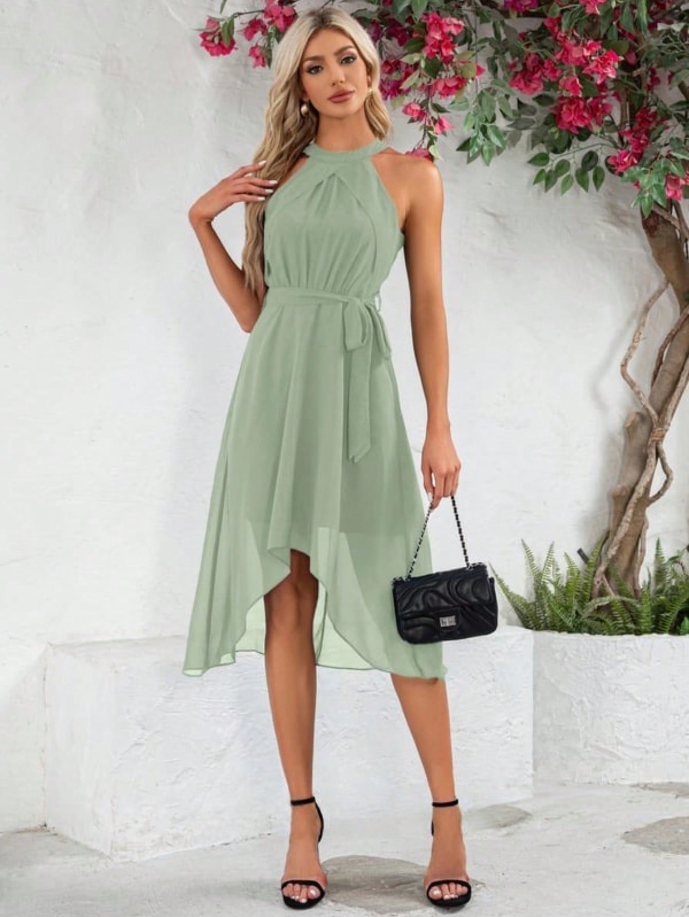 Halter Sleeveless A-Line Chiffon Asymmetrical Midi Dress