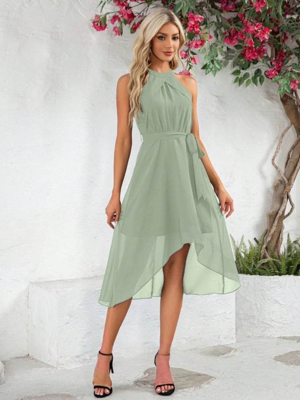 Halter Sleeveless A-Line Chiffon Asymmetrical Midi Dress