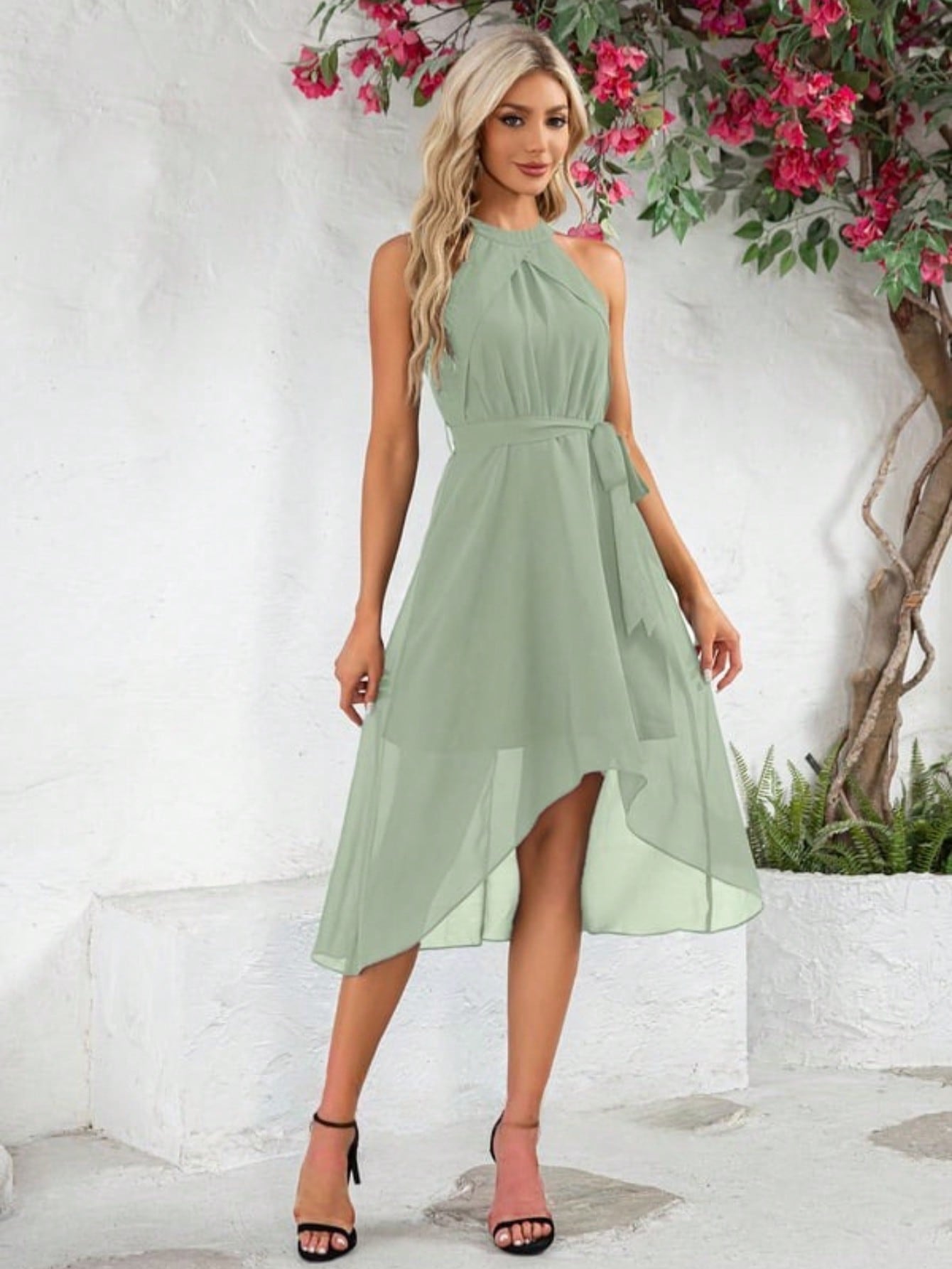 Halter Sleeveless A-Line Chiffon Asymmetrical Midi Dress