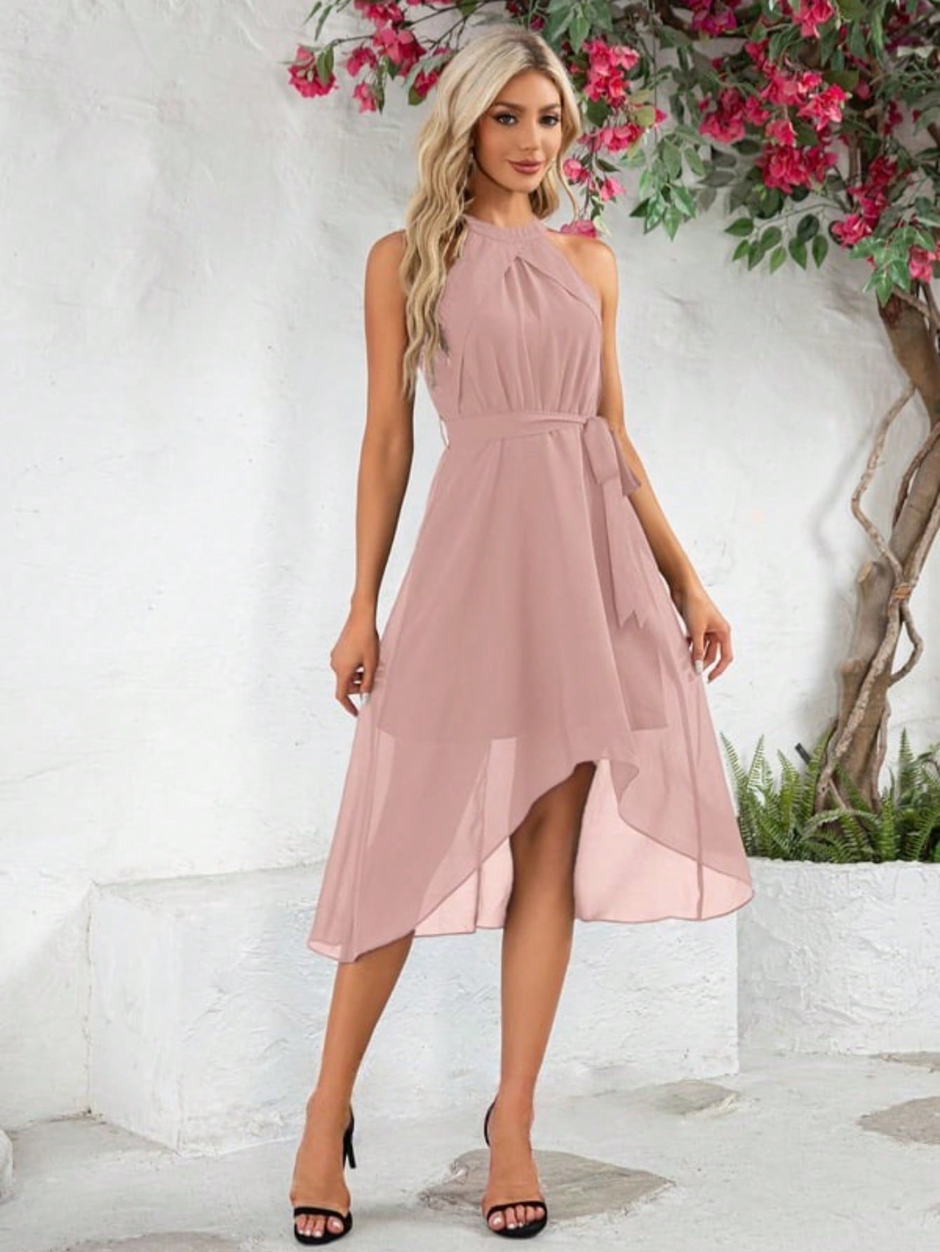 Halter Sleeveless A-Line Chiffon Asymmetrical Midi Dress