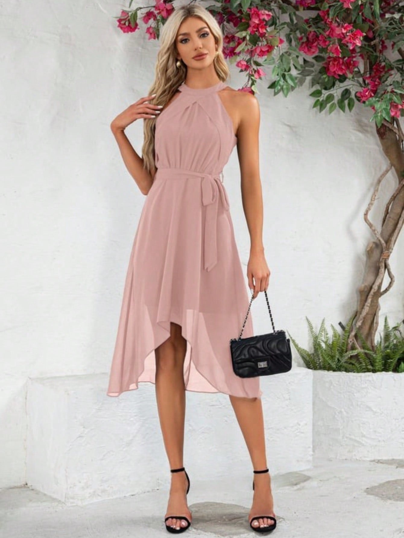 Halter Sleeveless A-Line Chiffon Asymmetrical Midi Dress