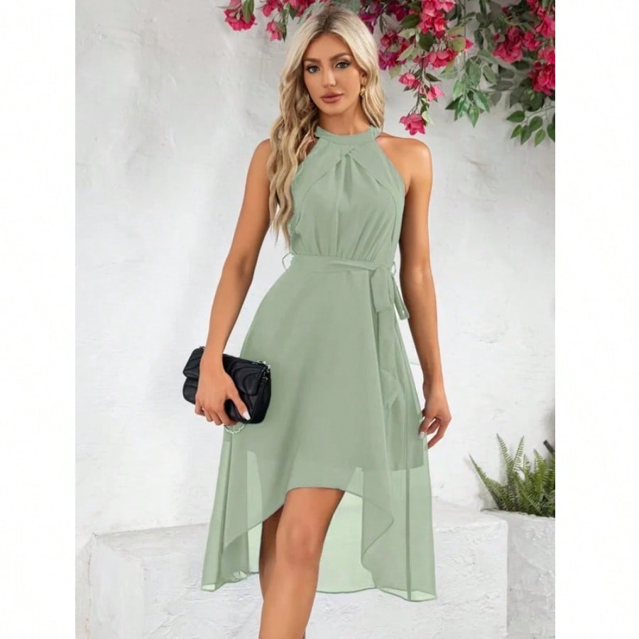 Halter Sleeveless A-Line Chiffon Asymmetrical Midi Dress