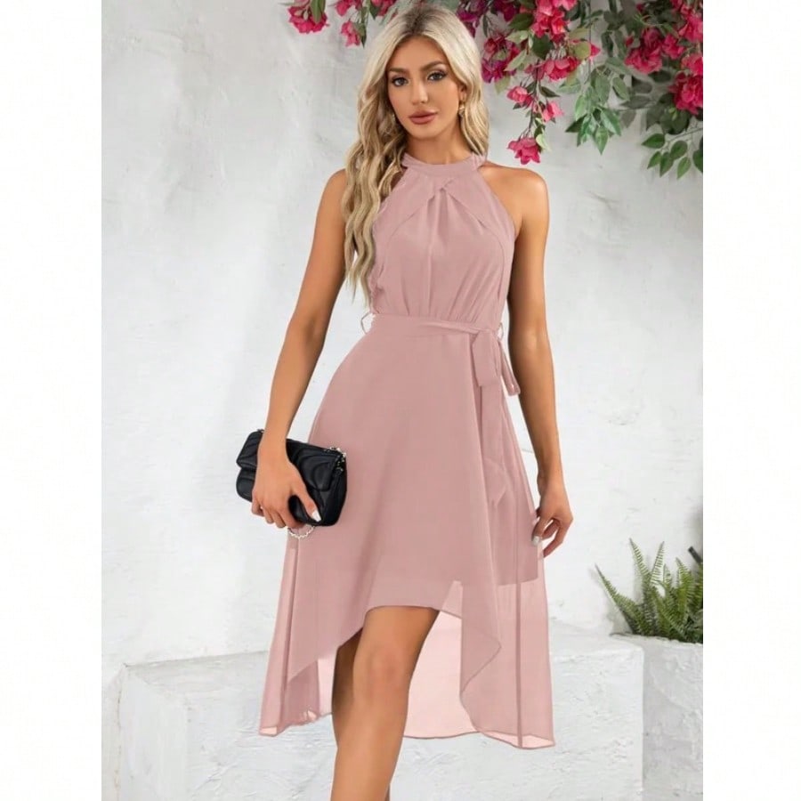 Halter Sleeveless A-Line Chiffon Asymmetrical Midi Dress