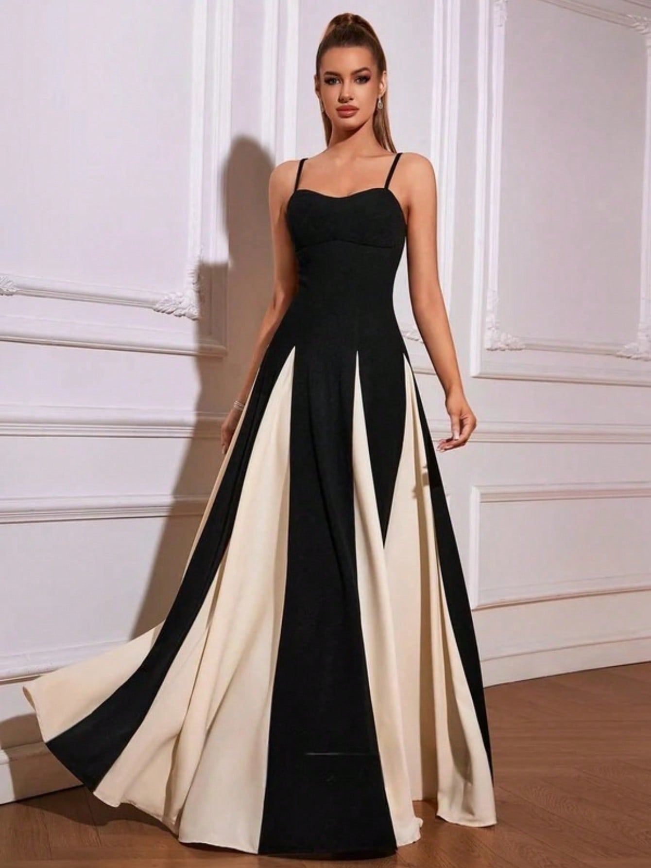 A-Line Sweetheart Floor-Length Charmeuse Stretch Crepe Prom Dresses With Black And White