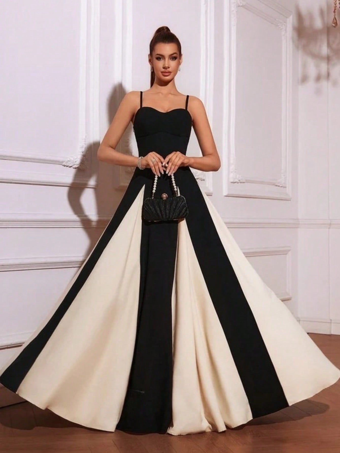 A-Line Sweetheart Floor-Length Charmeuse Stretch Crepe Prom Dresses With Black And White